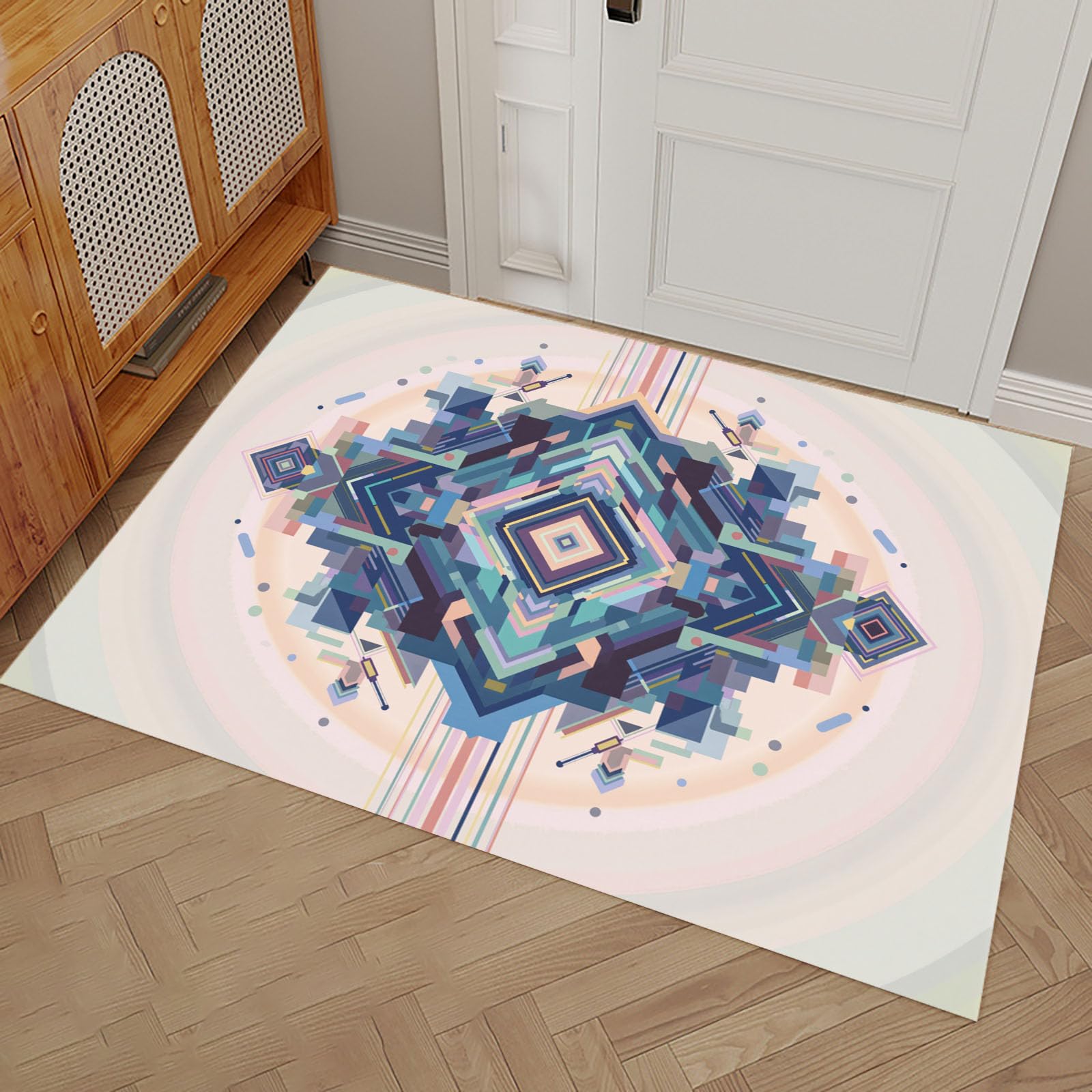 Tapis d'entrée bleu à motifs géométriques pour habiller le pas de porte