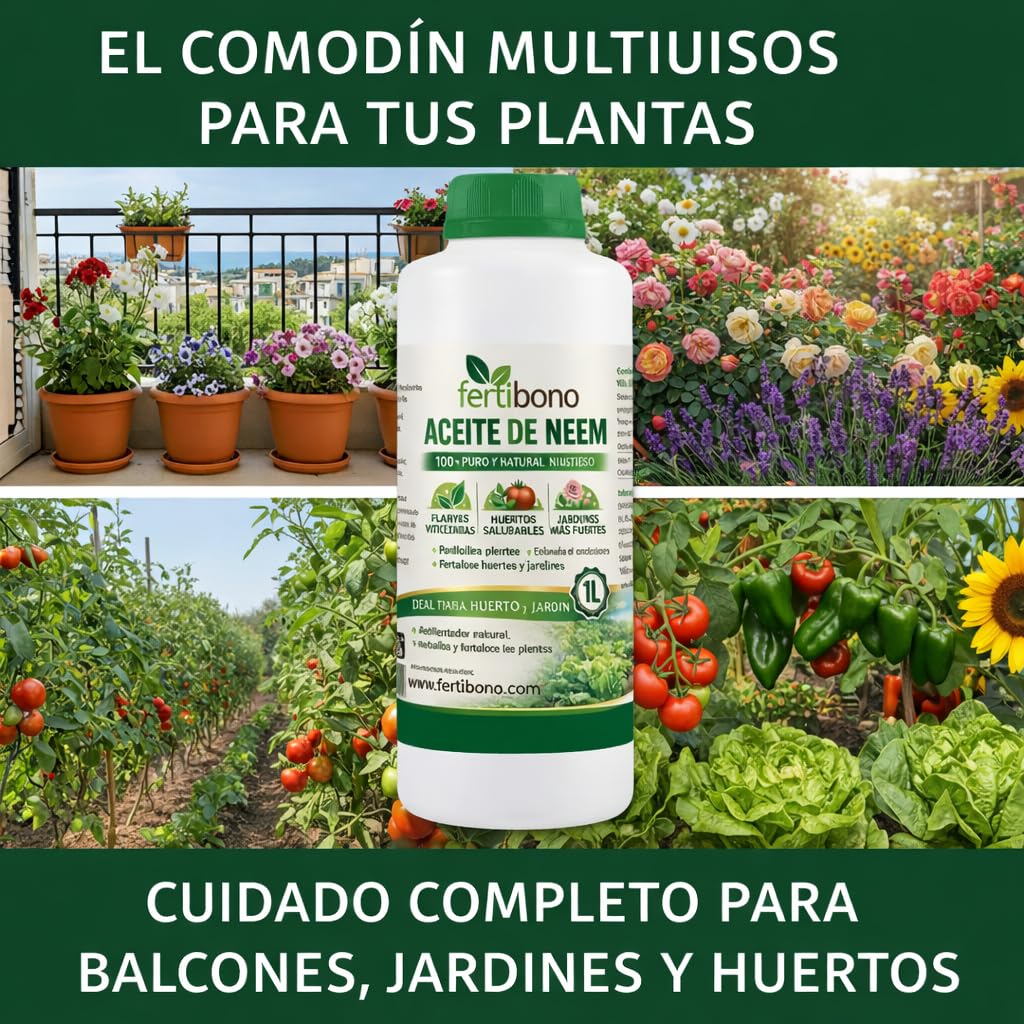 FERTIBONO Aceite de Neem 100% Puro, 1 L, Prensado en Frío, Multiusos para Plantas, Huerto y Jardín