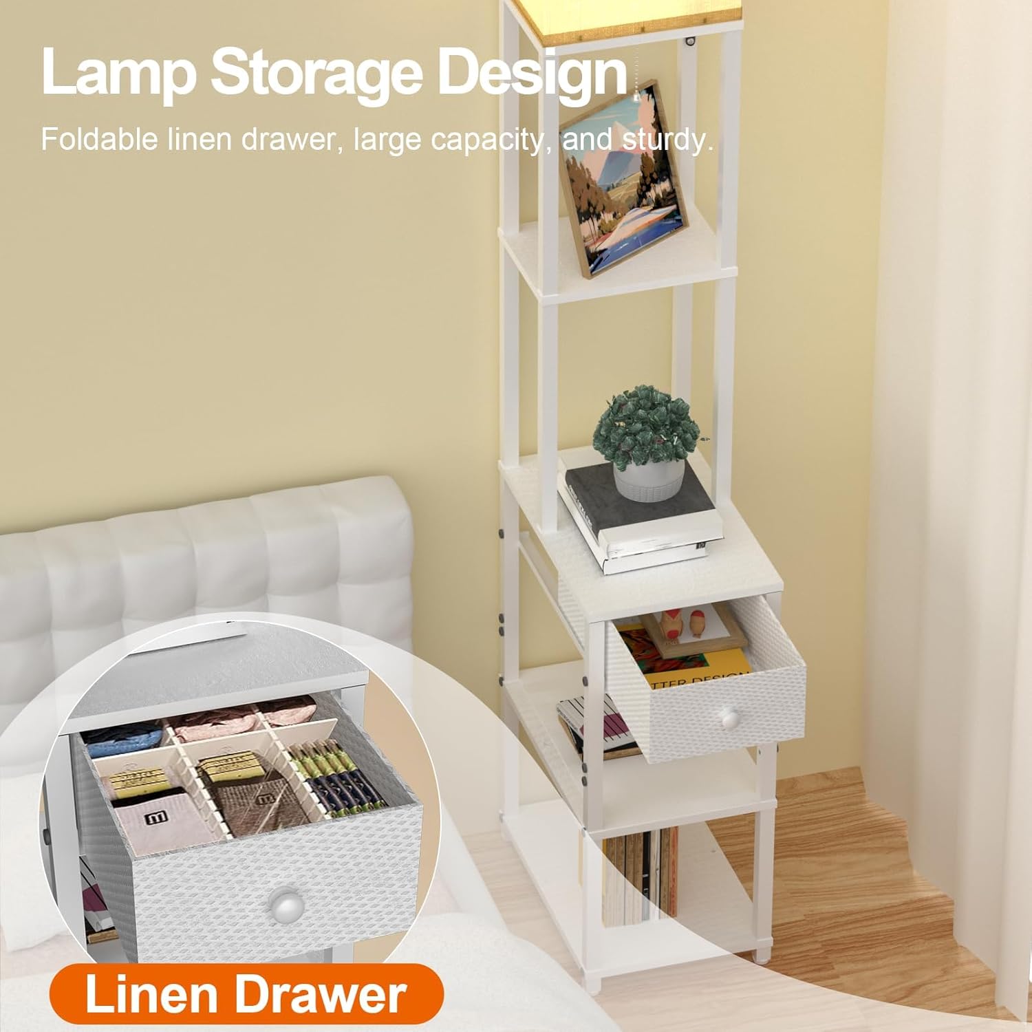 Lightdot Floor Lamp with Shelves&Drawer, Modern Sofa Lamp with Off-White Fabric Lampshade, Display Corner Floor Lamp with Storage Table for Living Room, Bedroom and Office-White-F