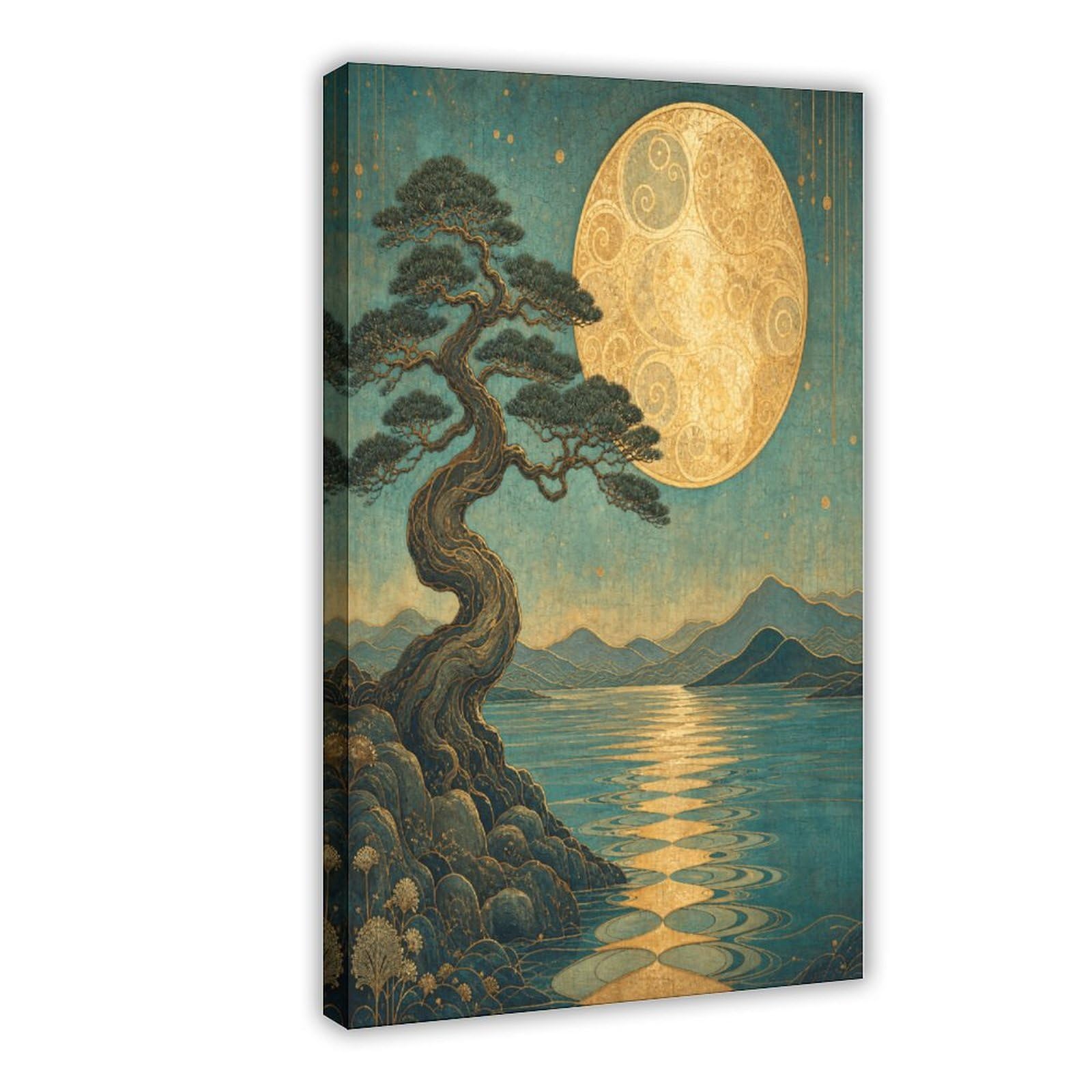H3b8u2y5 Frame-Style-9 Pine Tree Under Full Moon Canvas Wall Art, Moonlit Stage Dorm Room