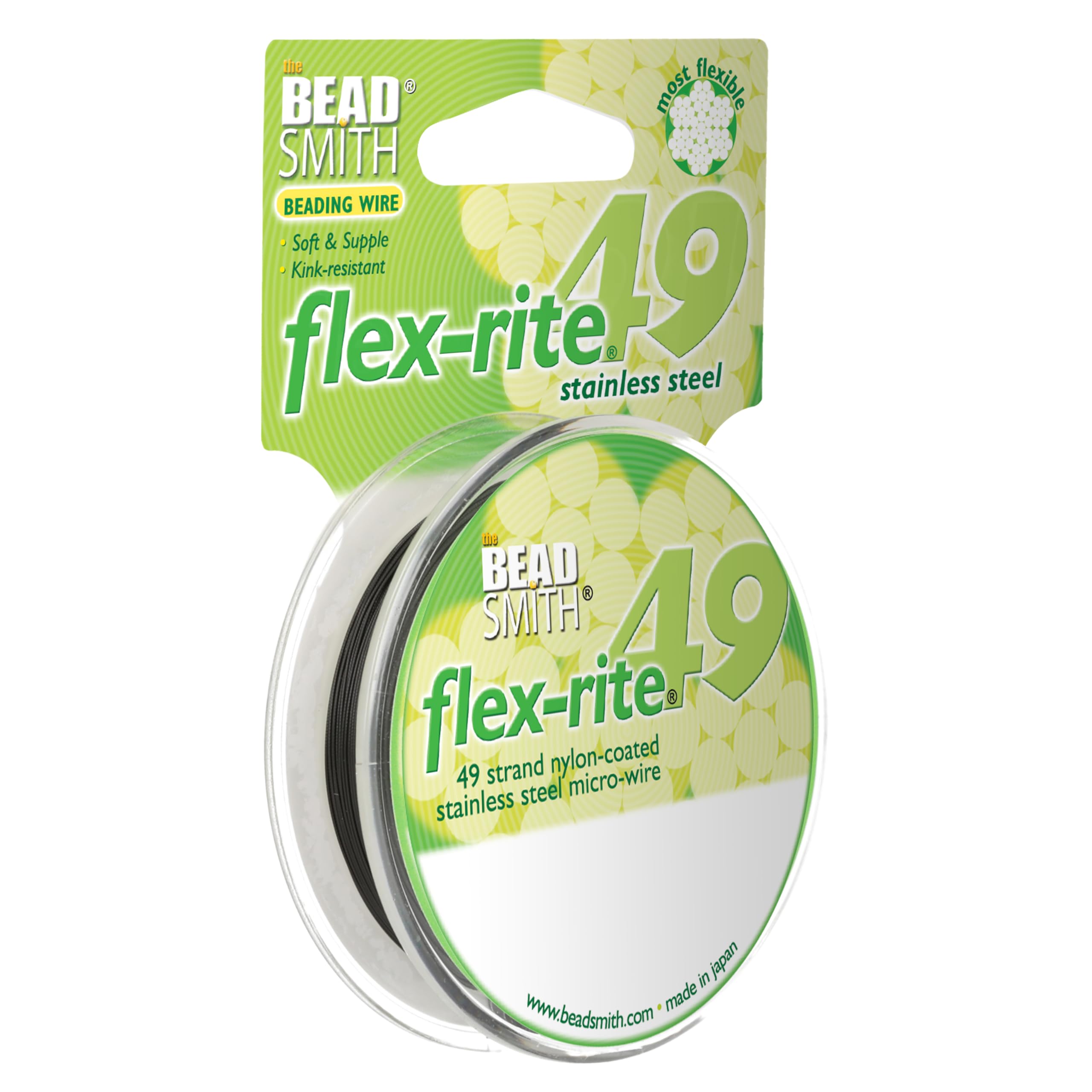 The Beadsmith Flex-Rite Beading Wire – 49-żyłowy drut ze stali nierdzewnej powlekany nylonem, średnica 0,014" (0,35 mm), czarny, szpula 30 stóp, wytrzymały sznurek do naszyjników i bransoletek