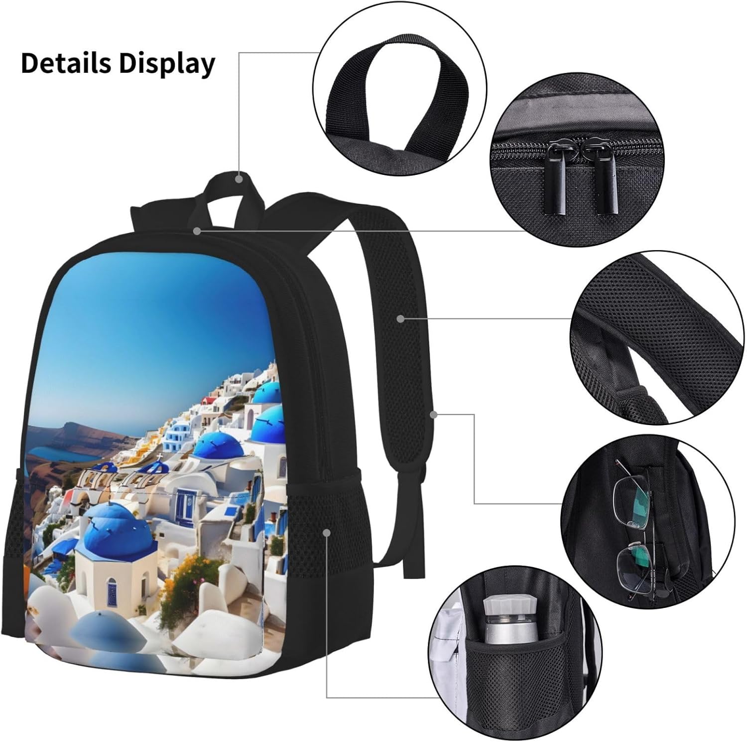 Santorini Greek Island Sea View Backpack With Lunch Box 3 In 1 Set With Pencil Case, Large Capacity Backpack With Chest Strap