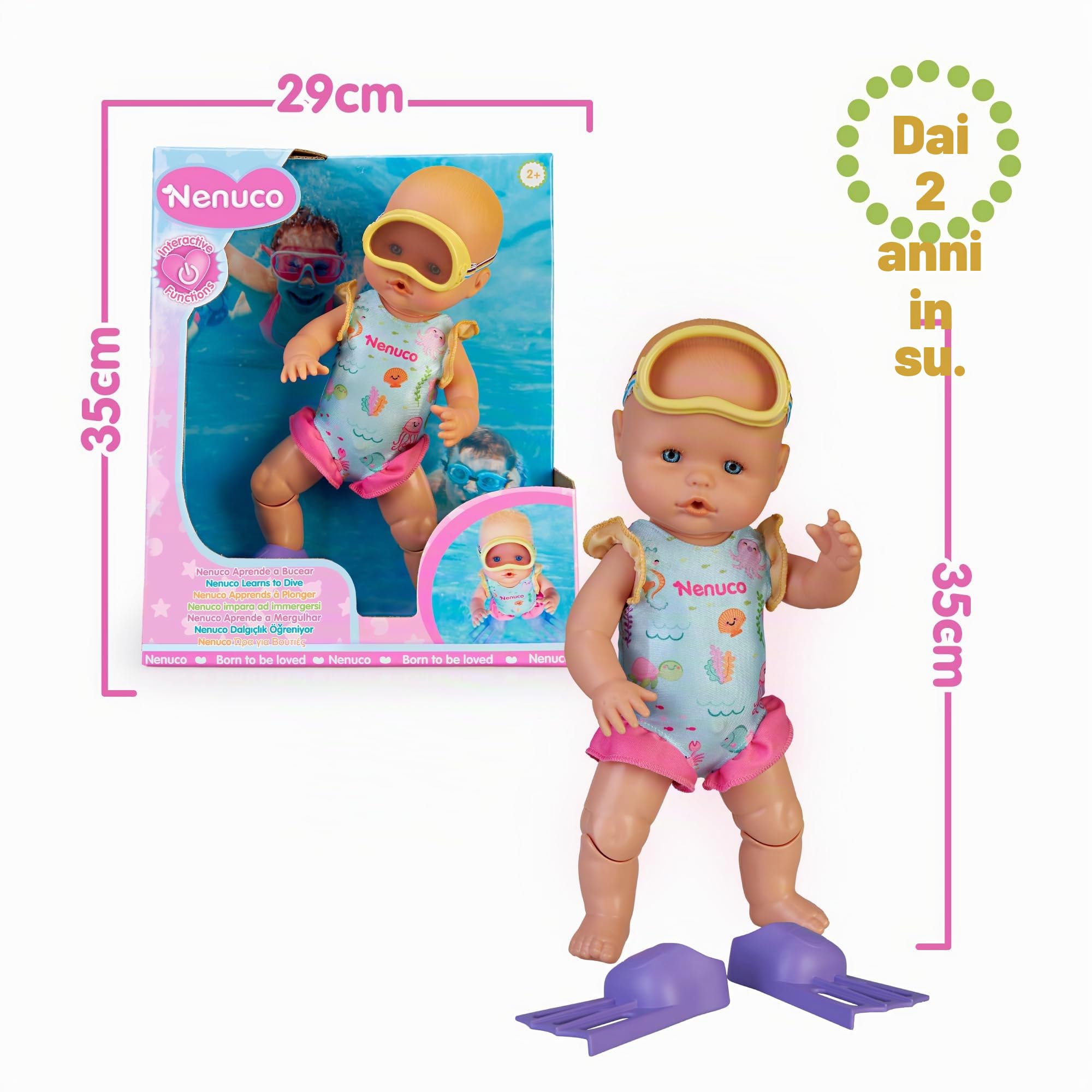 Nenuco Impara ad immergersi, bambola meccanica 35 cm, muove le gambe, nuova avanti e indietro, con costume da bagno, pinne e occhialini, per bambine/I dai 2 anni, Famosa NFN75000