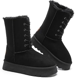 Uoidru Womens Snow Boots Mid-calf Boot Lace-up Winter Boots for Women Fur Lined Boot Womens Suede Platform Snow