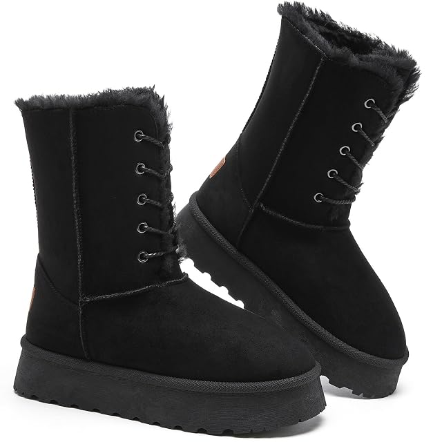 Uoidru Womens Snow Boots Mid-calf Boot Lace-up Winter Boots for Women Fur Lined Boot Womens Suede Platform Snow