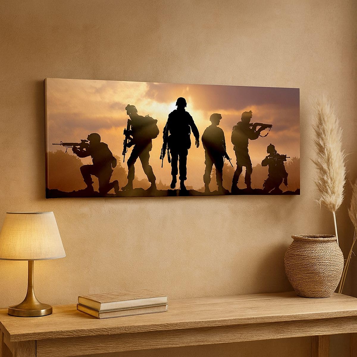Cuadro Decorativo 160x50cm Moderno Panorámico Personas Militar - 2962 | Ejército Arma Sol Cuadro sobre Lienzo Grande Arte mural Decoración del Hogar Salón Dormitorio Cocina Oficina Cuadros de Pared