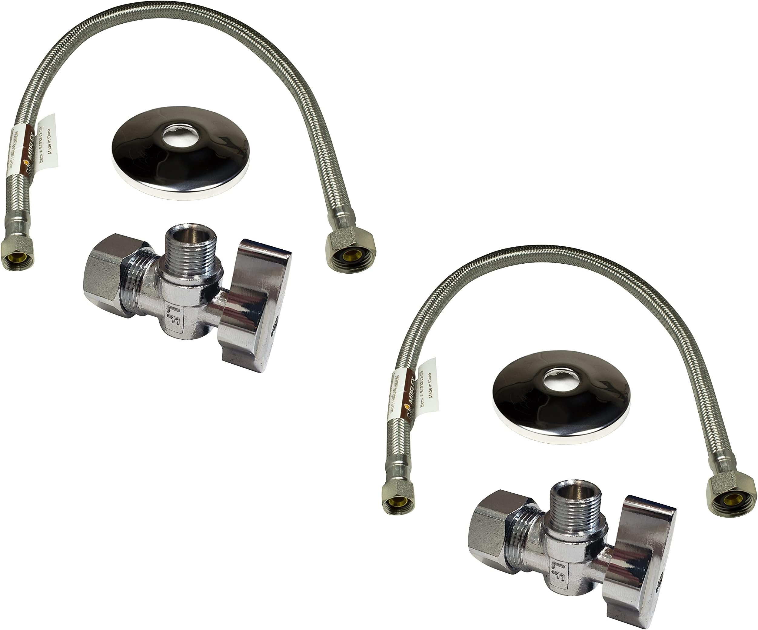 Complete Faucet Set Valve 1/2 in. NOM Inlet x 3/8 in. OD Compression Outlet Angle Shut Off Valve + Escutcheon Plate + 20" Long Stainless Steel Braided Lavatory Water Supply Line (2 Pack)