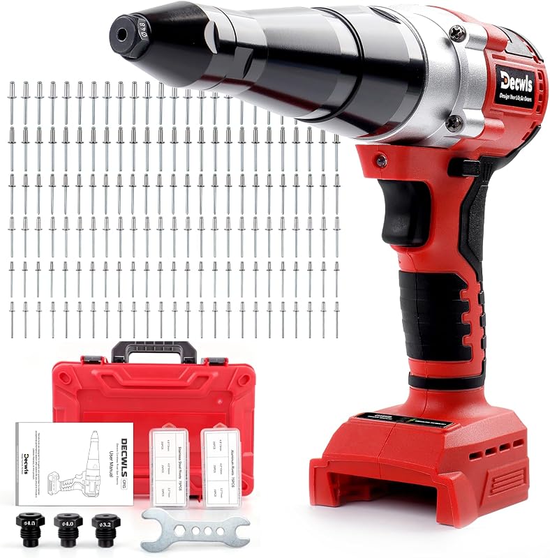 Pistola remachadora eléctrica inalámbrica compatible con batería Milwaukee de 18 V | Solo herramienta, kit de pistola remachadora sin escobillas con 150 remaches para remaches de acero inoxidable y aluminio de 1/8'', 5/32'', 3/16", luz LED