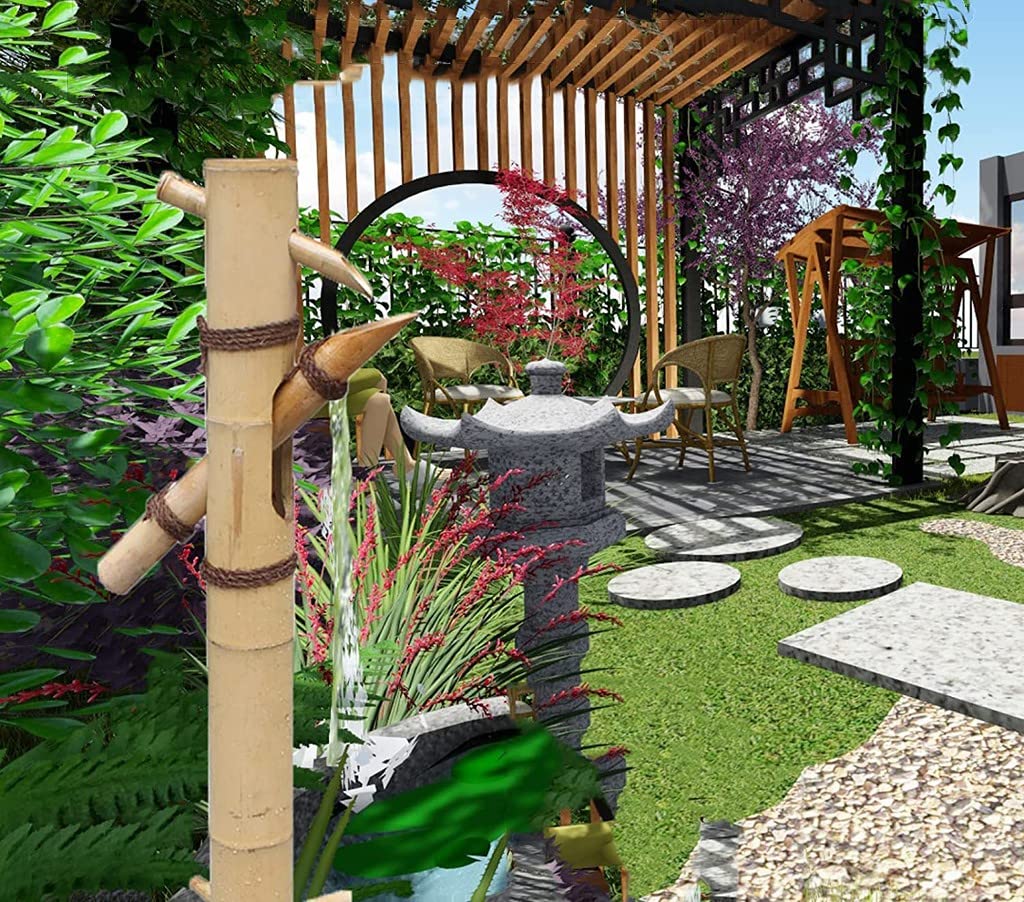 Ljykbfl Bamboo Water Fountain Zen Garden Pond Water Feature With Rocking Pump For Tranquil Outdoor Landscape Decoration