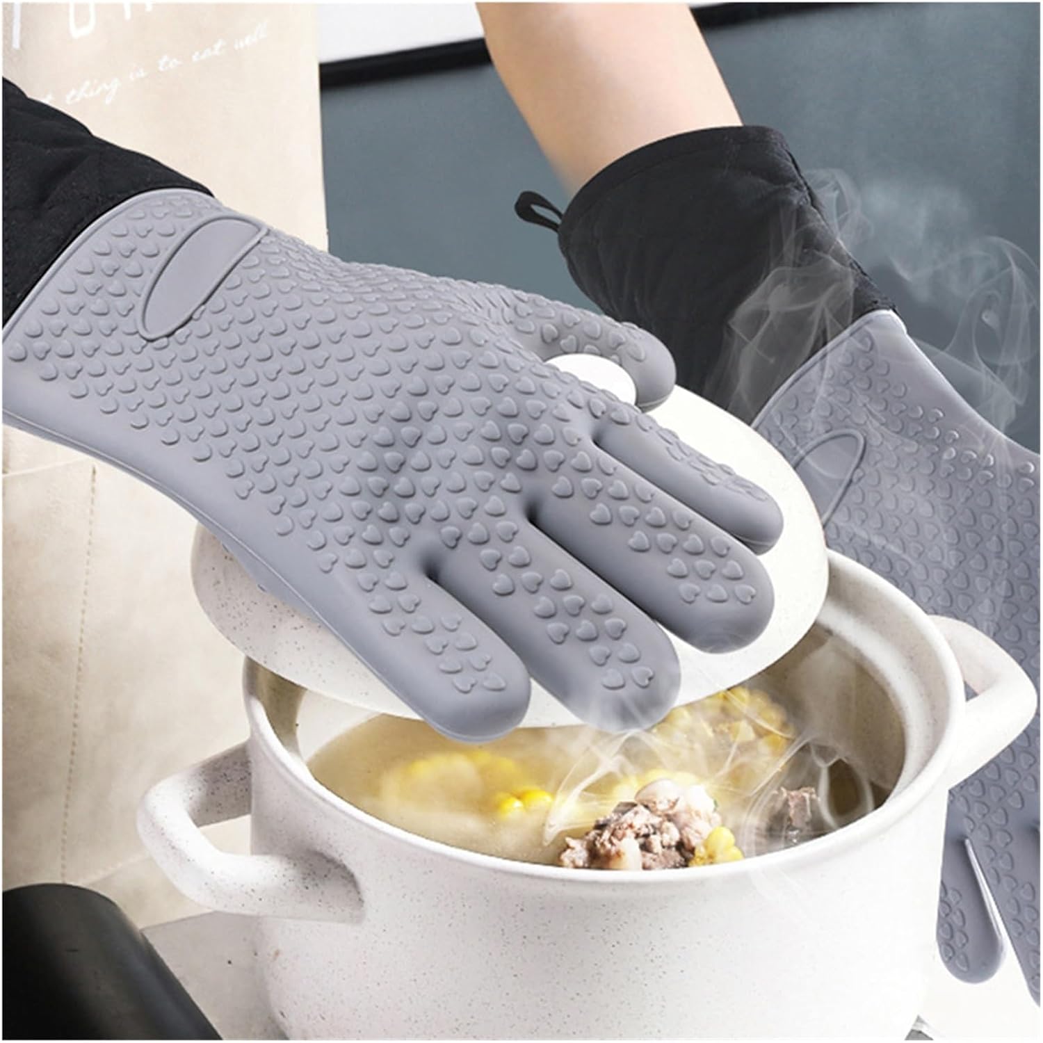 Silicone BBQ Gloves Baking Pot Tray Dish Bowl Holder Oven Mitts Kitchen Baking Cooking Tool(1Pcs Black)
