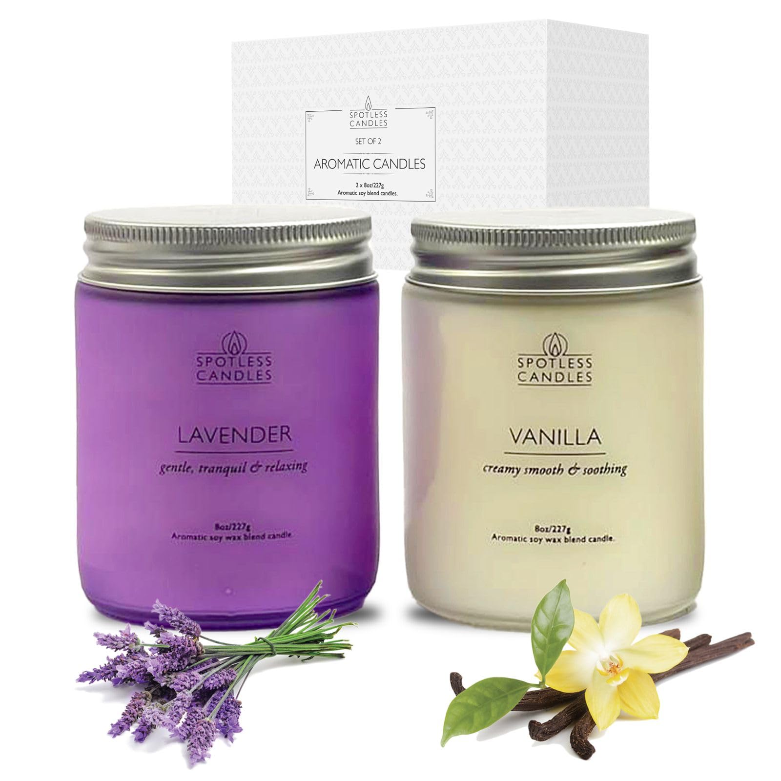 Aromatic Candles Two Pack - 2 x 8 oz Lavender & Vanilla in a Gift Pack Strong Scented Candles by Spotless Candles