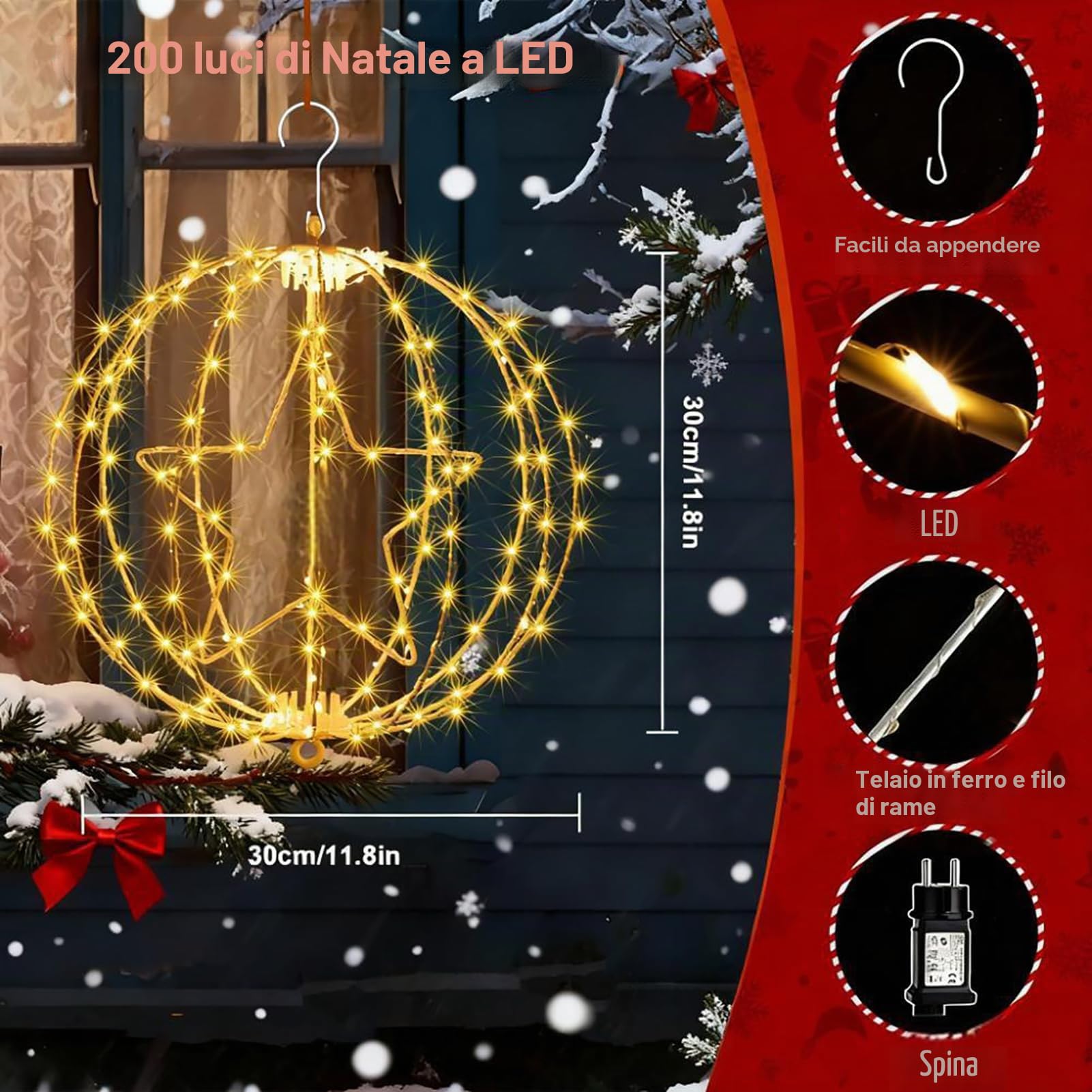 Yowin 2 Pezzi Luci Natale Esterno 30CM 200 LED Sfere Luminose Natalizie con Trasformatore, Timer, Stella di Natale 8 Modalità Palla Luminosa Natalizia Gigante per Interno Balcone - Telaio Bianco