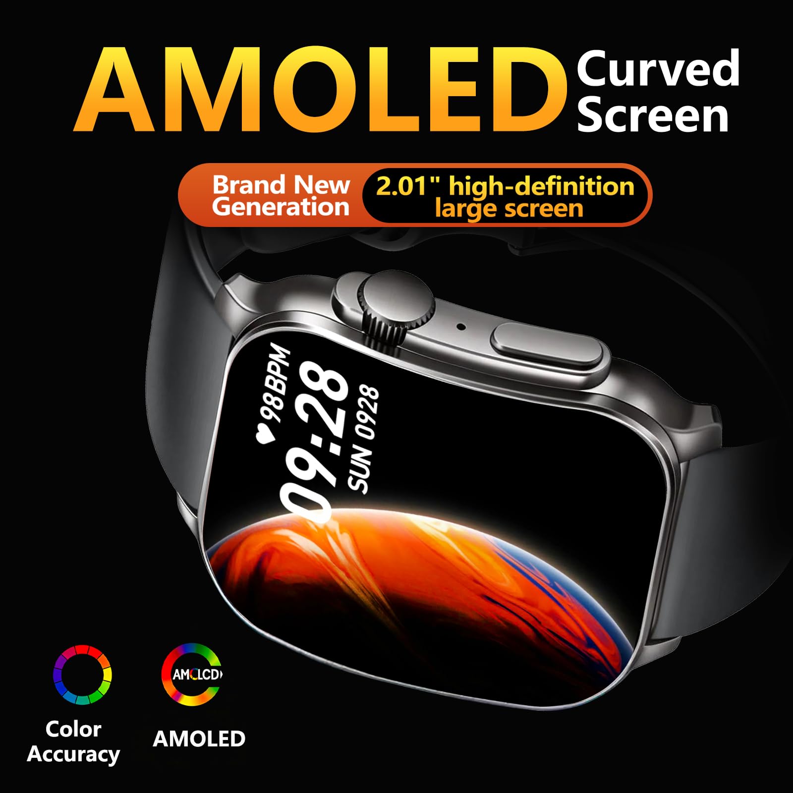 Smart Watch, 2.01" AMOLED Curved HD Full Touch Screen, Compatible with iOS & Android for Daily Workout Business Gift, Fitness Tracker with 24/7 Heart Rate/Sleep Monitor, IP68 Waterproof Watch Black