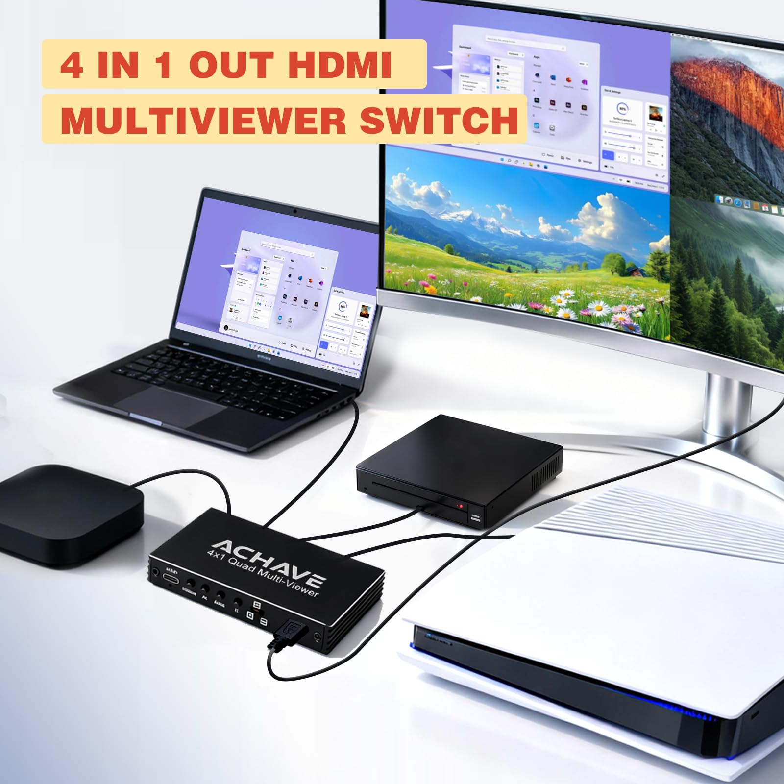 ACHAVE Interruptor multivisor HDMI 4x1, divisor de pantalla cuádruple 4K a 30Hz con 10 modos de visualización, conmutación sin costuras, control remoto IR, compatible con laptop, Xbox, TV Box