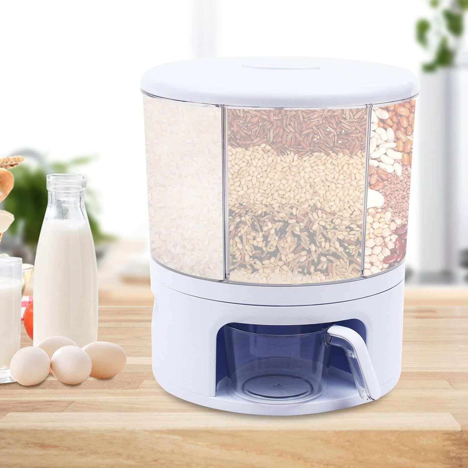 Grain Dispenser 360° Rotating, 6-Grid Large Cereal Dispenser, Sealed Grain Container with Removable Divider and Handle, Container for Pantry Organization and Storage