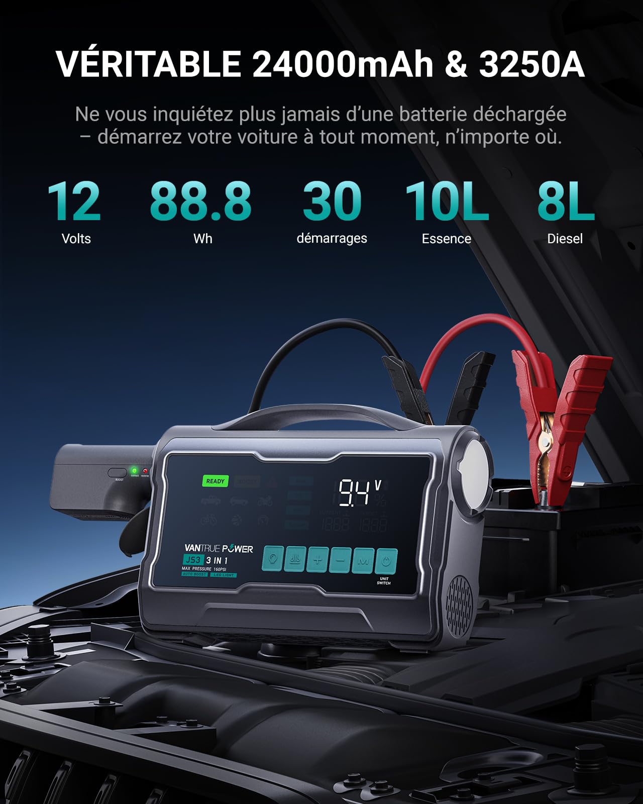 JS3 3250A Réels Booster Batterie Voiture avec Gonfleur 160PSI, 12V Démarreur Portable avec 9" Grand Écran, Charge Rapide 65W Power Bank, 400 Lumens LED, pour Essence 10L/ Diesel 8L