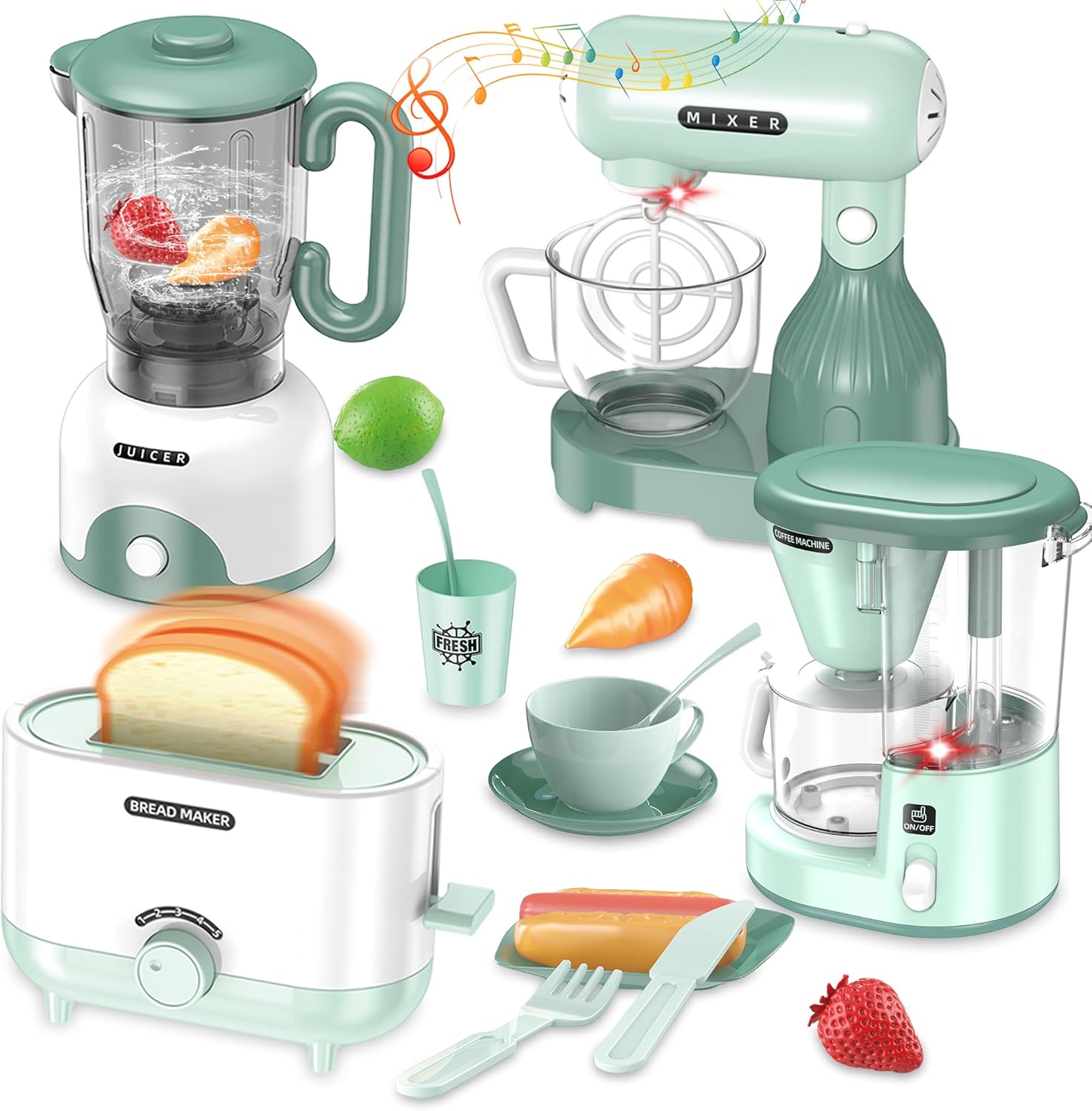 Kids Kitchen Set, Pretend Play Kitchen Appliance Toy Set with Coffee Maker, Toaster, Blender, Mixer, Kitchen Toys with Light & Sound, Play Kitchen Sets for Kids Ages 4-8