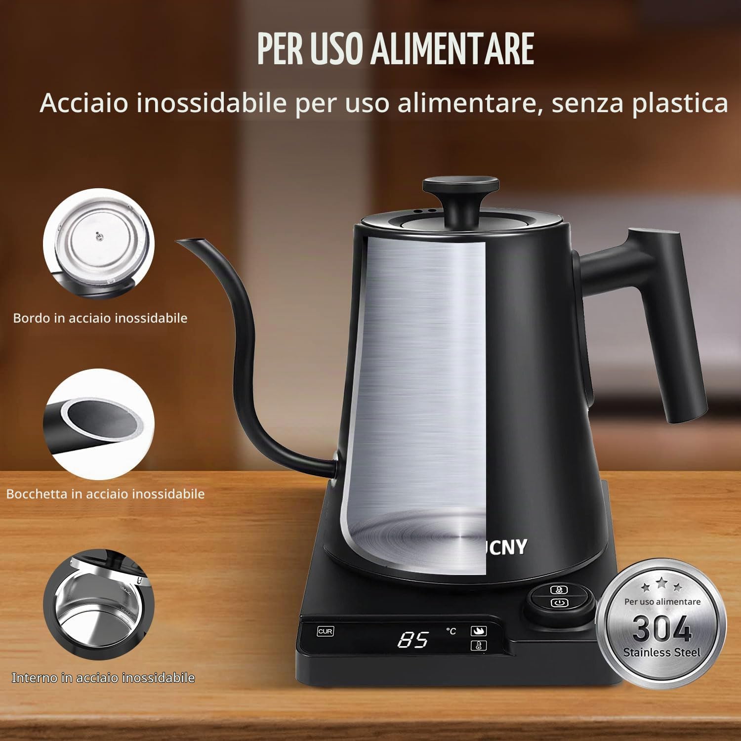 Bollitore Elettrico A Collo Di Cigno Bollitore Per Tè E Caffè In Acciaio Inossidabile, Riscaldamento Rapido, Indicatore Led, Funzione Di Mantenimento Del Calore, Regolazione Della Temperatura