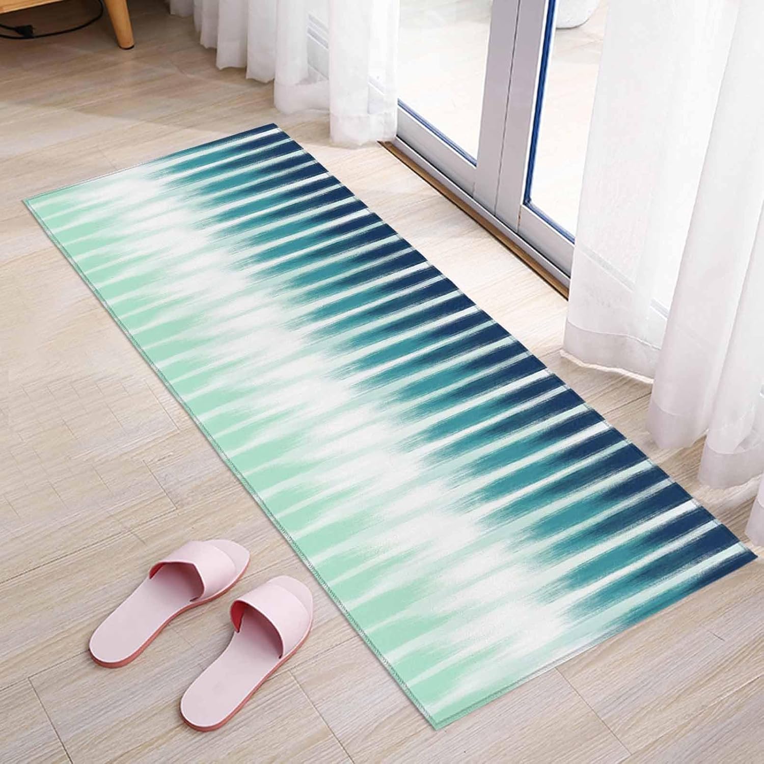 Kitchen Mats for Floor Abstract Teal Ombre Color Stripe Washable Non Slip Kitchen Rugs 1PCS, Modern Gradient Art Absorbent Standing Mats for Sink Bathroom Office Living Room 15.7x47.2in