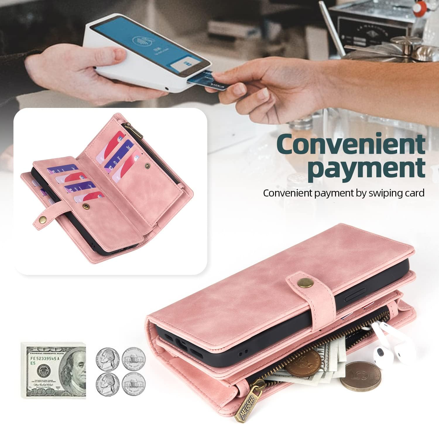 TwoHead for iPhone 11 Wallet case with Card Holder & Detachable Magnetic Phone case, PU Leather case Wallet for Women/Men,Wallet Phone Case (Pink)