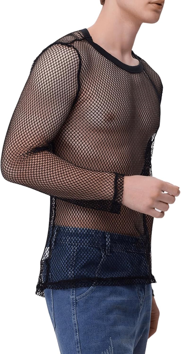 WDIRARA Men's Fishnet Mesh Round Neck Long Sleeve T Shirt See Throught Tee Tops - Image 3