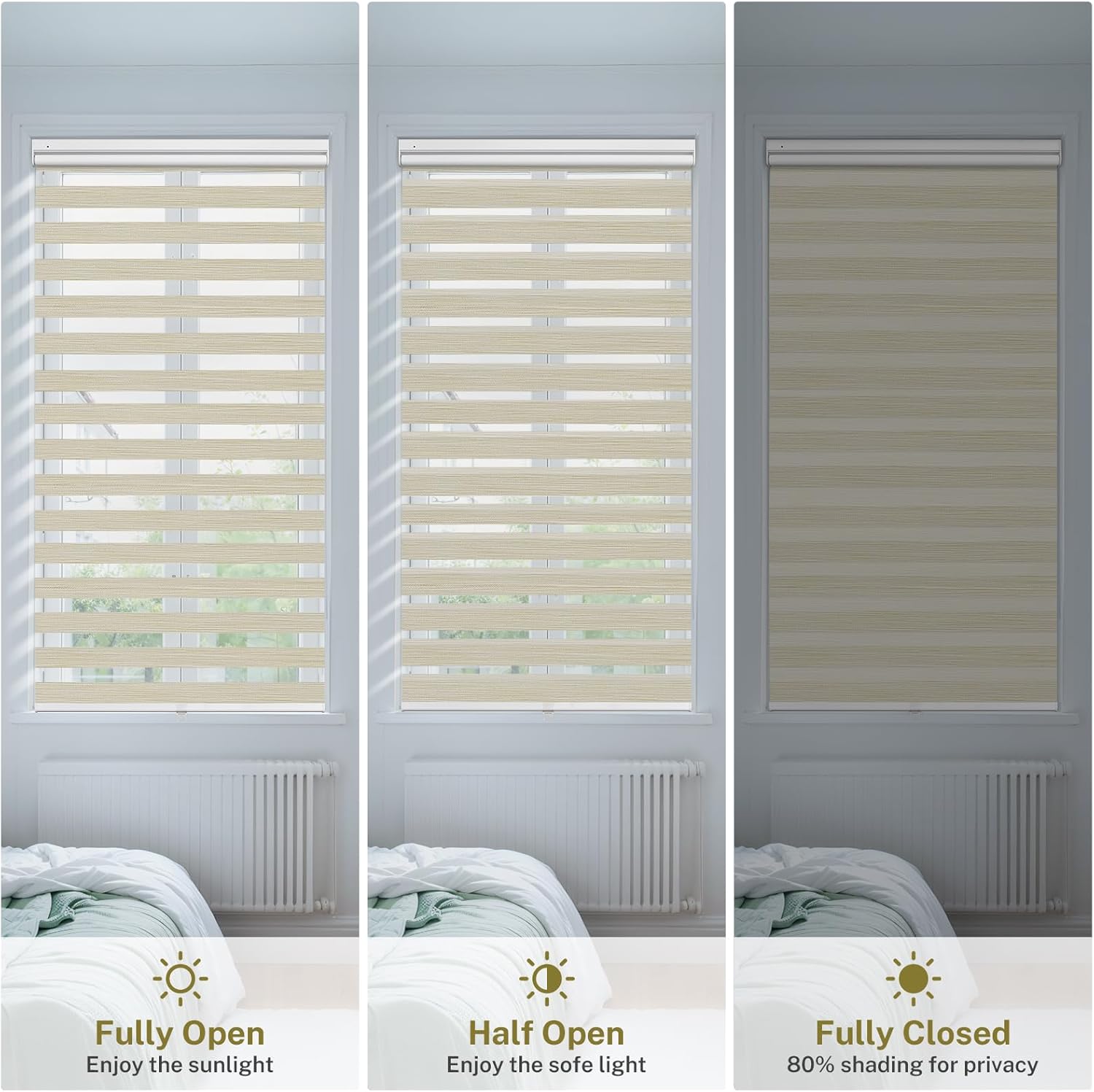 No Drill No Tools Cordless Zebra Blinds for Windows Dual Layer Blinds No Drill Roller Shades with Upgraded Cassette Control Day and Night Easy to Install Zebra Shades for Home,Beige Camel