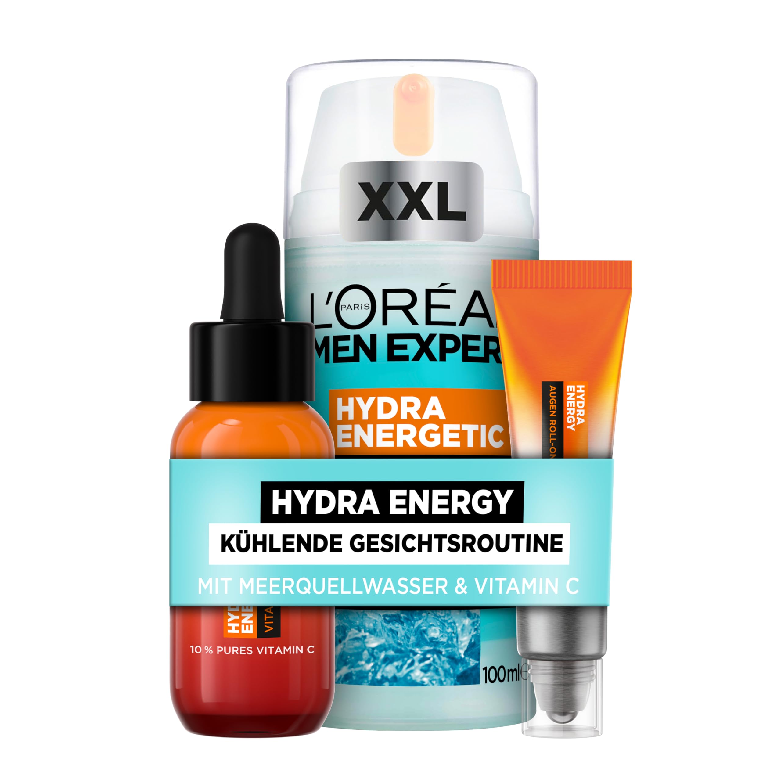L'Oréal Men Expert kühlendes Anti-Glanz Pflegeset für Männer, Mit XXL Gesichtspflege, Gesichtsserum und Augen Roll-On, Set für Herren mit Feuchtigkeitspflege Anti-Müdigkeit, Hydra Energy, 3-teilig