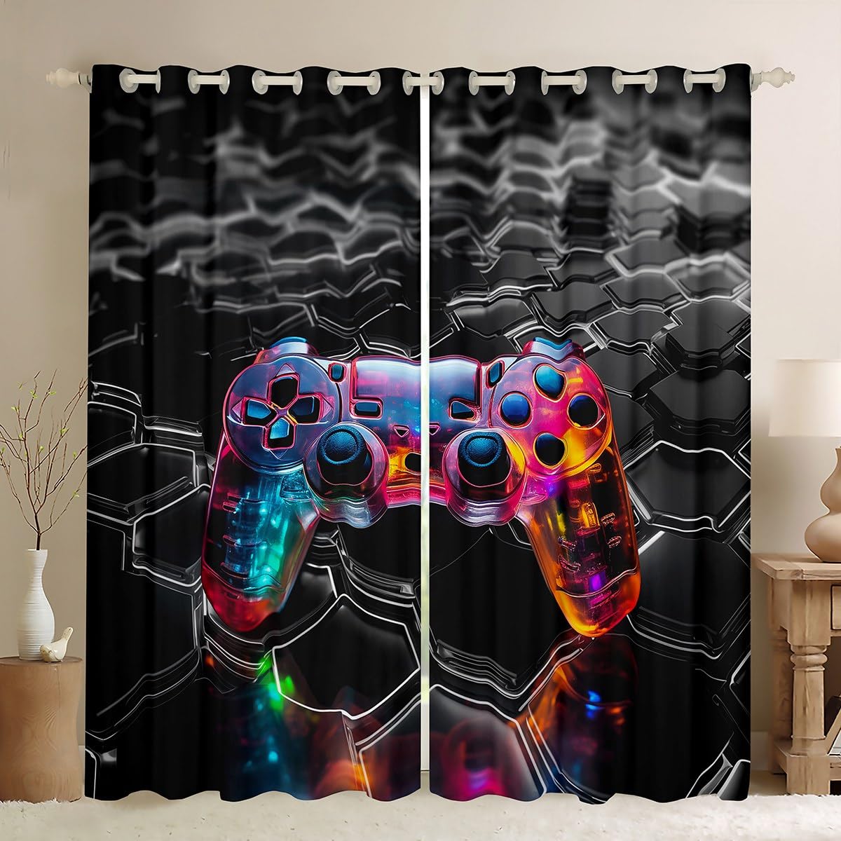Manfei Boys Gamepad Blackout Curtain Black Honeycomb Gaming Window Drapes for Kids Teens Game Room Decor, Modern Gamer Window Treatments Grommet Top 2 Panel Set Bedroom Curtains, 46Wx54L inch โ image 1