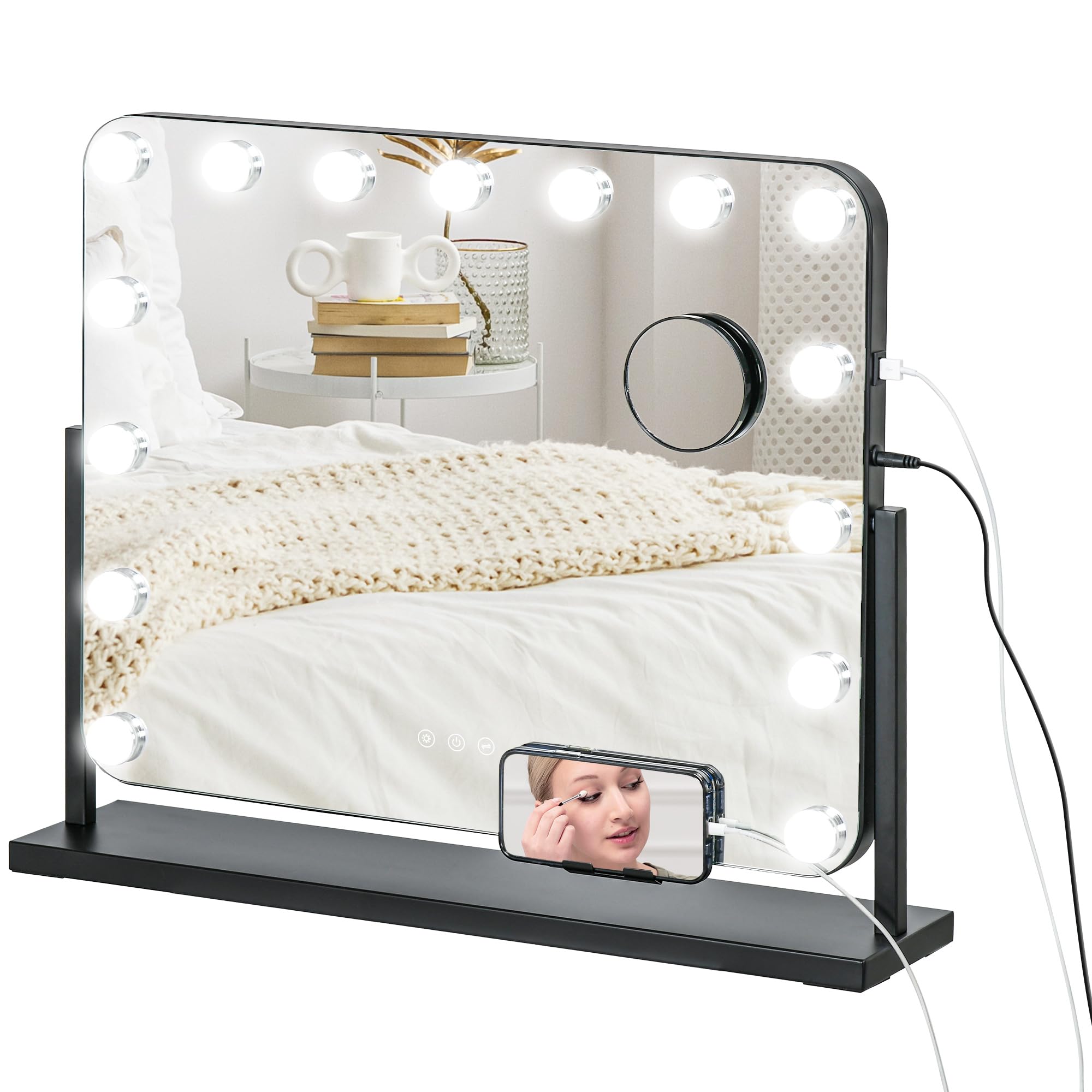 HOMCOM Hollywood Makeup Mirror with Light Rotating Vanity Mirror 58 x 46 cm with LED Bulbs Adjustable Lighting Modes Touch Switch Phone Holder and USB Port Black