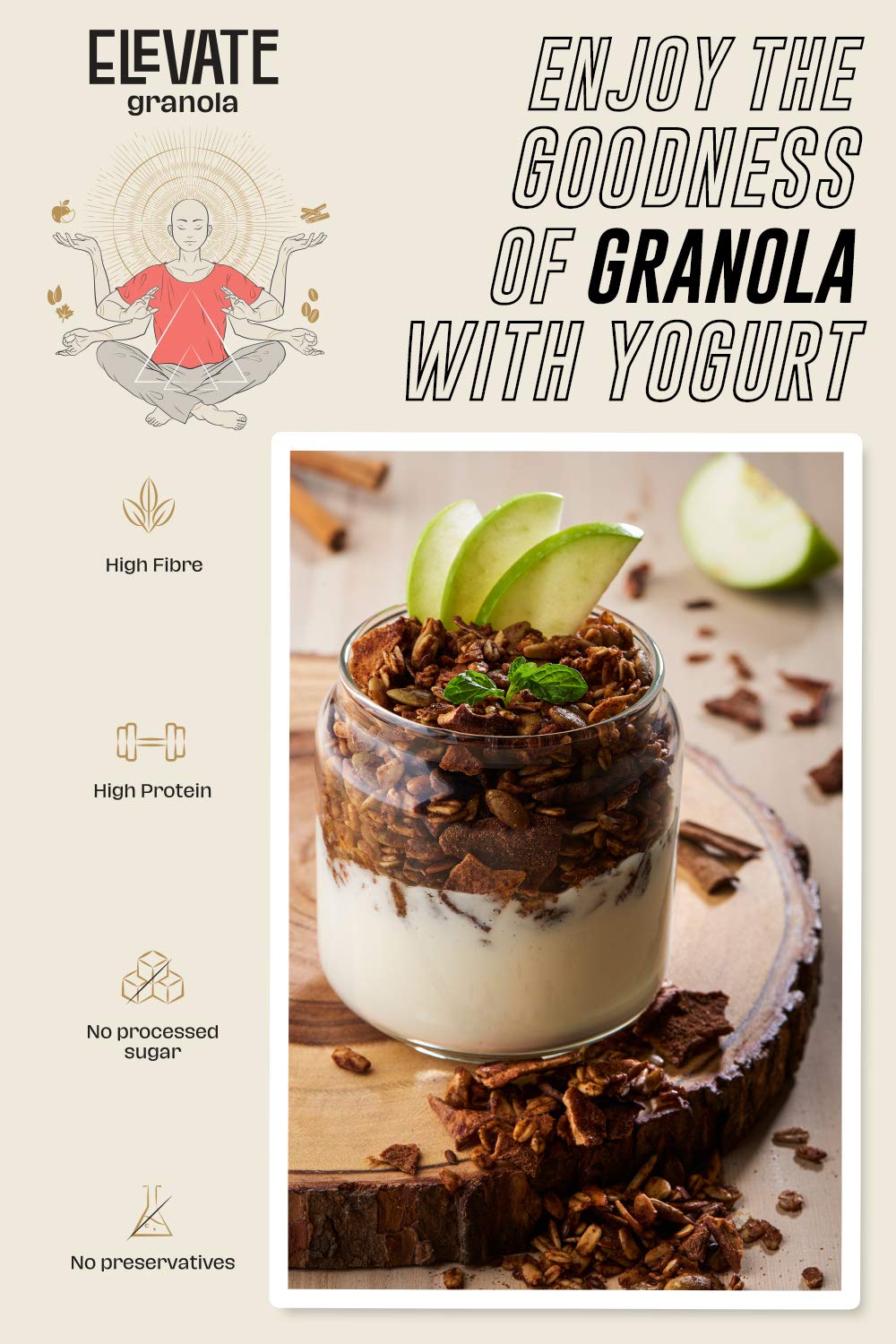 Elevate Granola Apple & Cinnamon 600g | Oats (34%), Real Apples (26%), Seeds (20%) | High Protein & Fibre | No Processed Sugar & Preservatives | Vegan | Healthy Snack & Breakfast Cereal 2