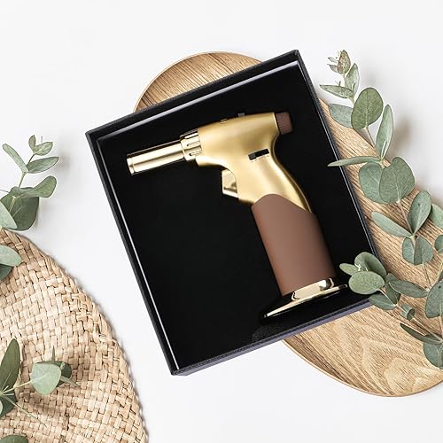 Miniatura 6 de Antorcha de cocina dorada, pistola de butano de doble llama para velas y crema Brulee y más, encendedor de antorcha de cocina recargable, gas butano