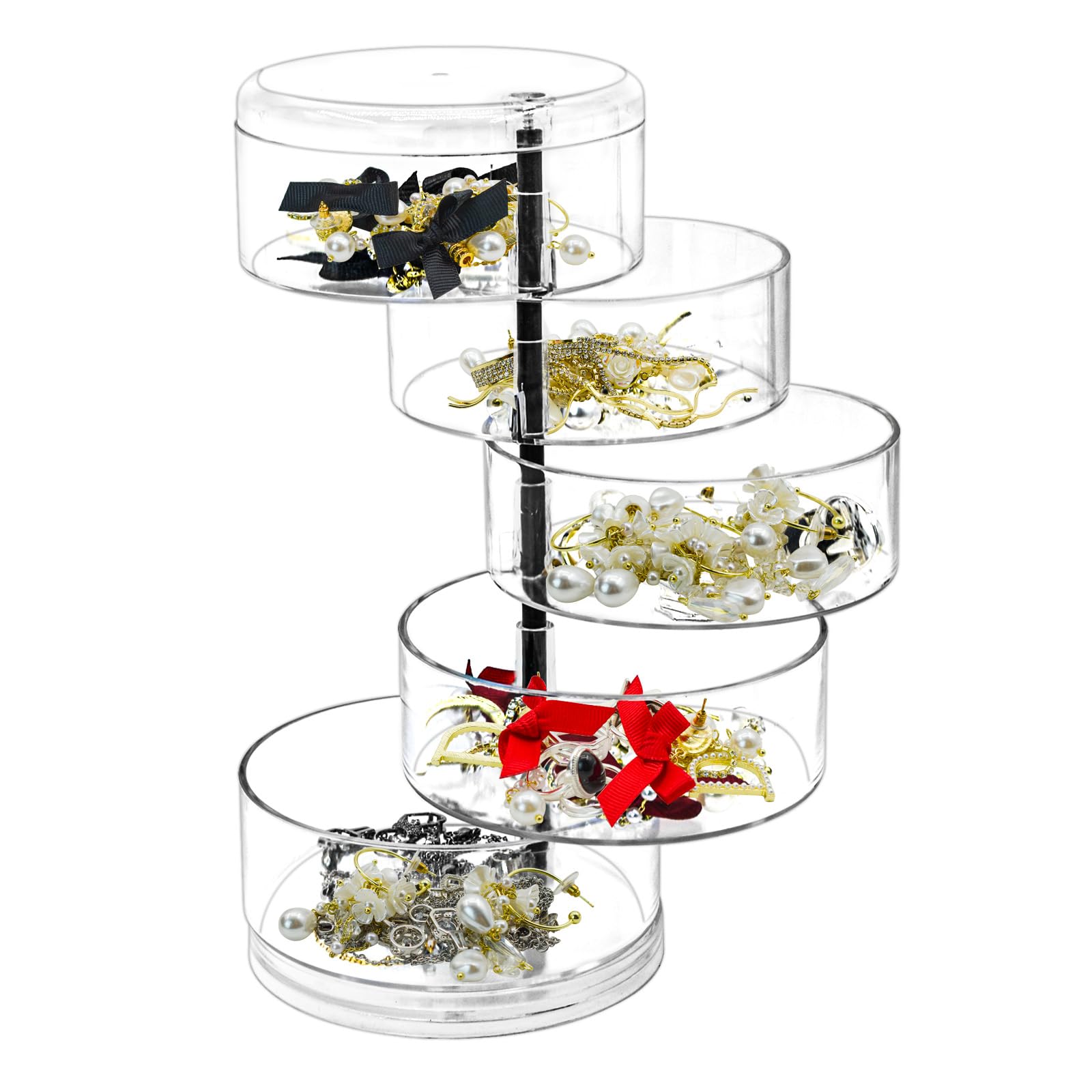 Organizador de joyas giratorio de 5 capas, caja organizadora de aretes pequeños para mujer, almacenamiento de accesorios de joyería transparente con tapa para aretes, pulseras, collares