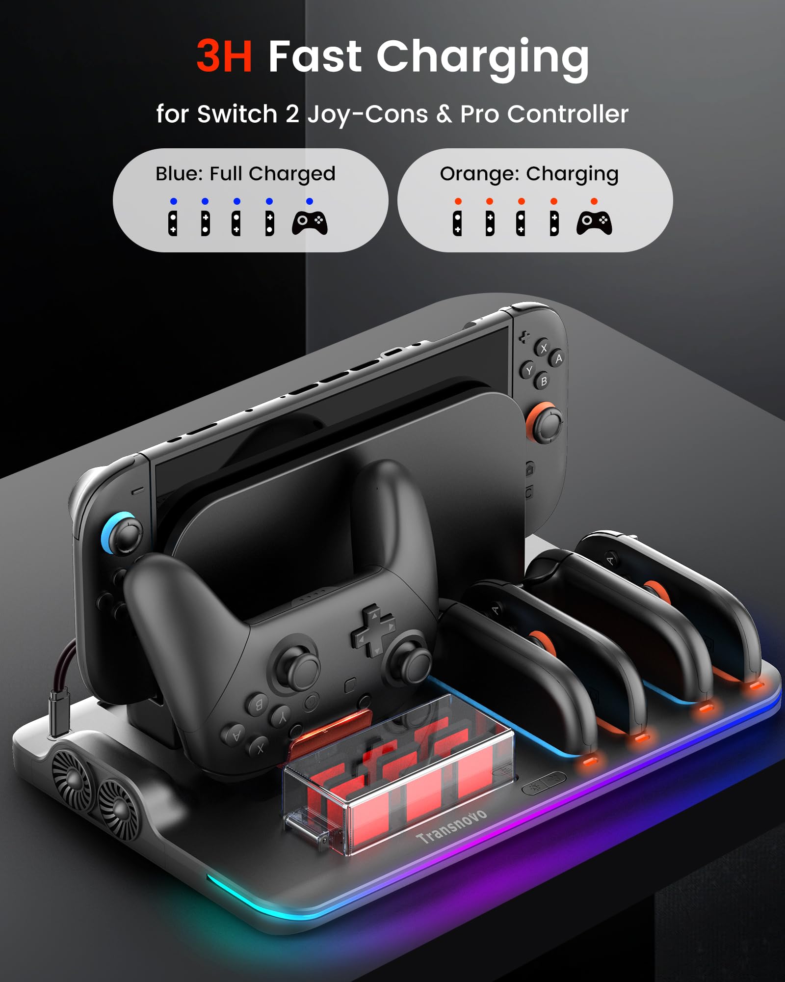Transnovo Base de Carga para Switch 2 Consola Accesorios, Joycon & Mando Pro, Cargador Mando Switch 2 con Ventiladores, 9 Ranuras para Cartas, LED & 9 Modos RGB, Protección Inteligente