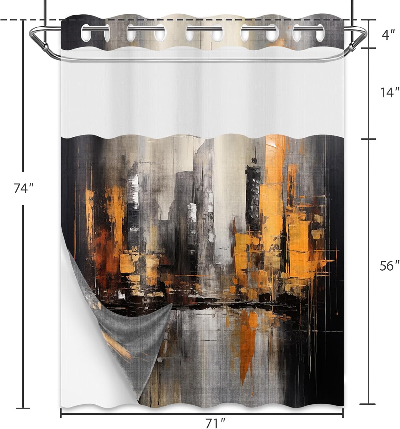 Orange and Black Hookless Shower Curtain with Snap in Liner, Abstract Art Modern Mens No Hook Double Layer Shower Curtain and Liner Set, Waterproof Cloth Fabric, 71" W X 74" L (Pack of 1)
