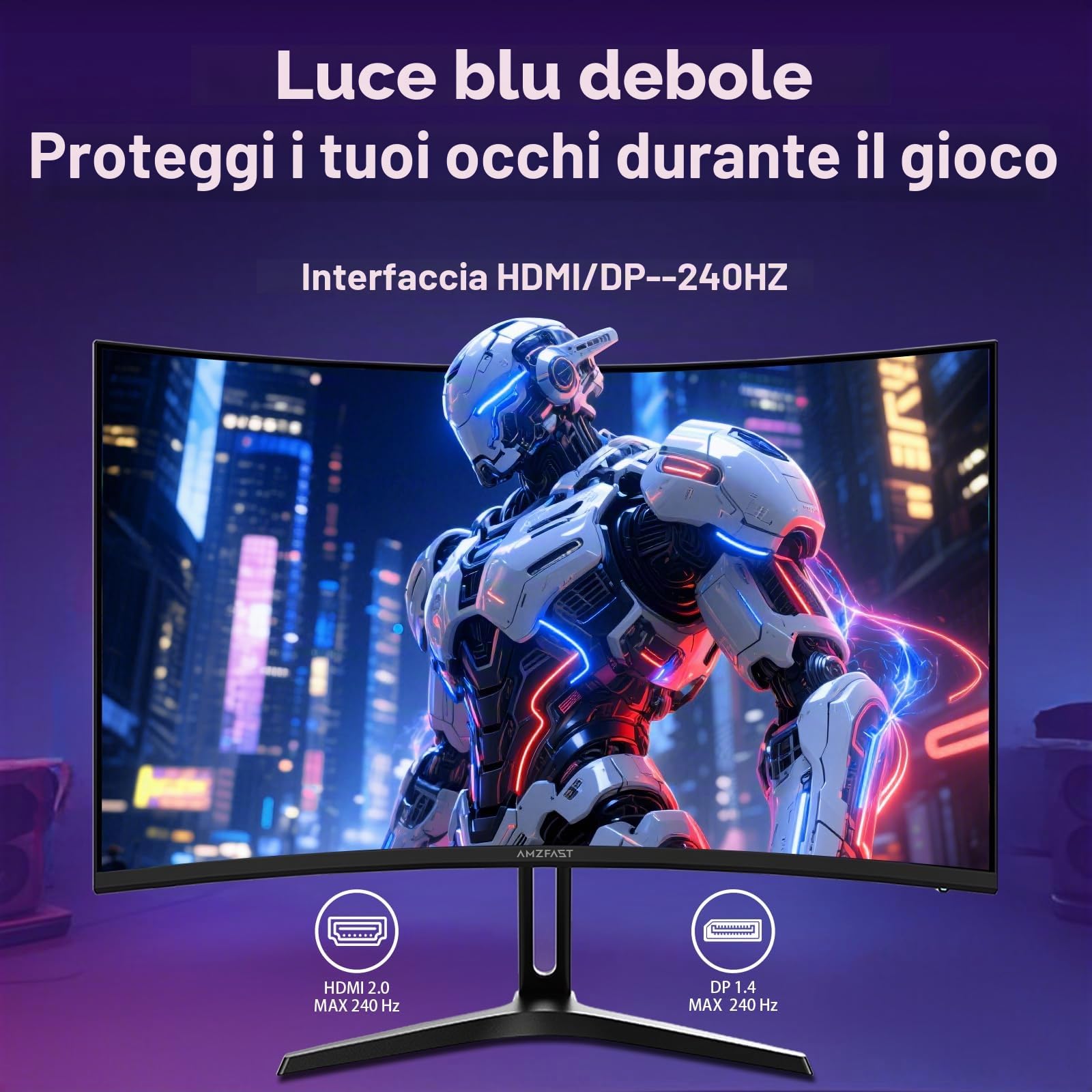 Amzfast Monitor Gaming, Schermo PC Gamer curvo 24 pollici - 240 Hz, FHD 1920 x 1080, sRGB 124% / DCI-P3 93%, 1 ms MPRT, anti-luce blu, adattatore Sync, VESA 75 x 75, AMZG24C1Pro