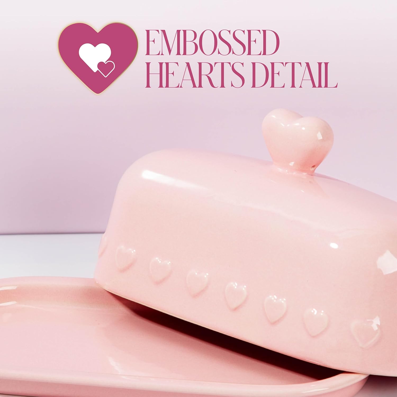 Paris Hilton Heart Knob Butter Dish, Iconic Stoneware With Heart Detailing, Microwave Safe & Dishwasher Safe, 2-Piece Set, Pink