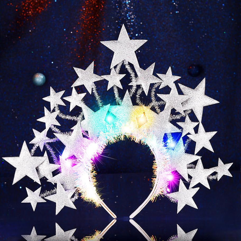 Fashband Light Up Star Headband Glitter Stars Tiara Halo Crown Headbands Led Goddess Costume Headpiece Christmas Carnival Party Hair Accessories for Women and Girls (Silver)