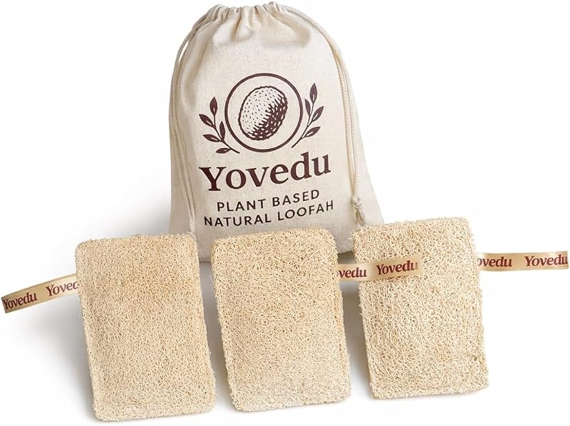 Natural Loofah Sponge (3 Pack) with Cotton Canvas Potli Bag – Plant-Based Body Exfoliator, Soft When Wet, Plastic-Free Bath Scrubber for Shower & Skincare (Rectangular XL)