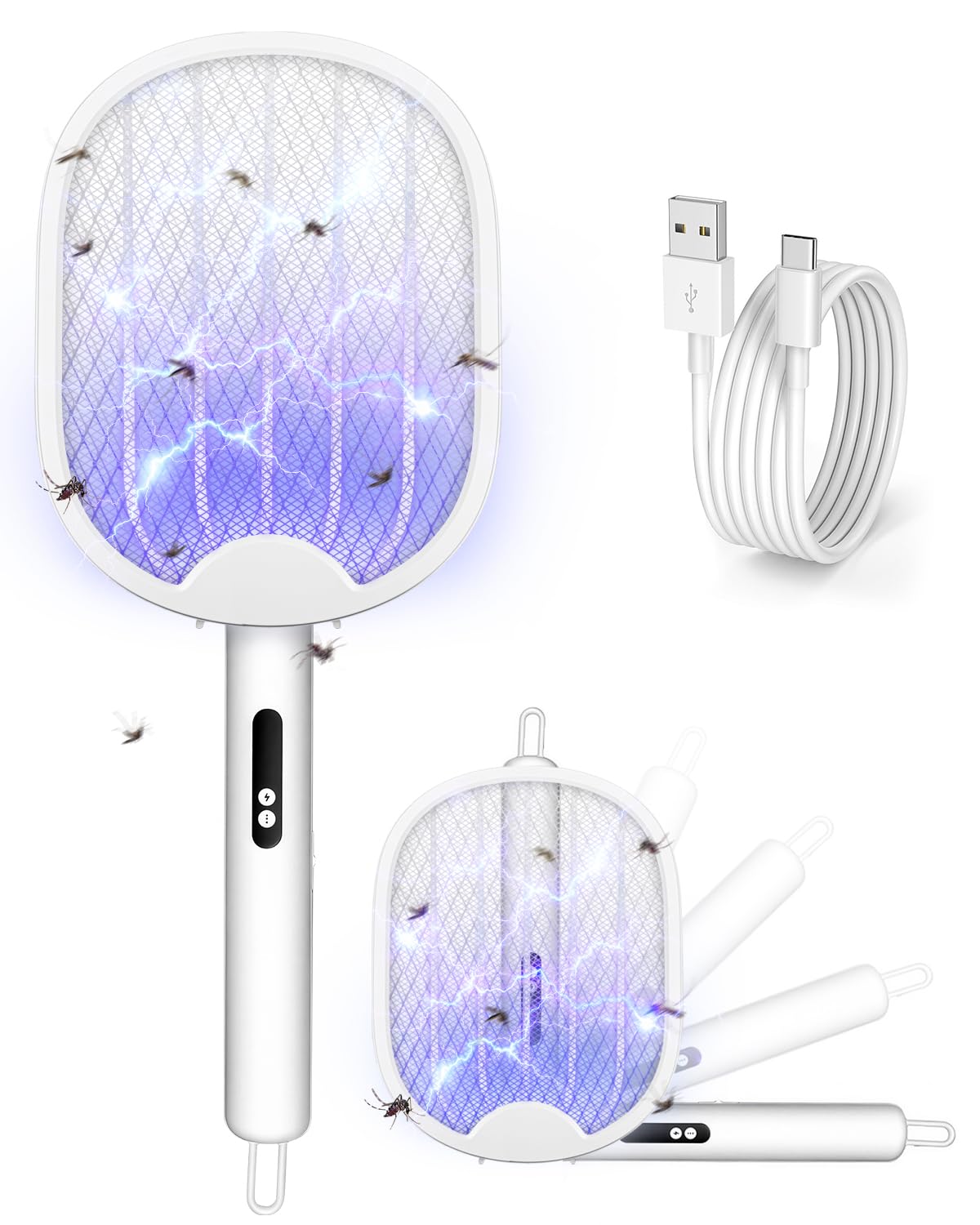 Fly Zapper, Foldable Electric Mosquito Swatter 4000V, 1800mAh Rechargeable Bug Zapper Racket with Auto & Manual Mode, 180° Portable Mosquito Killer, Safe 3-Layer Mesh for Indoor & Outdoor Use
