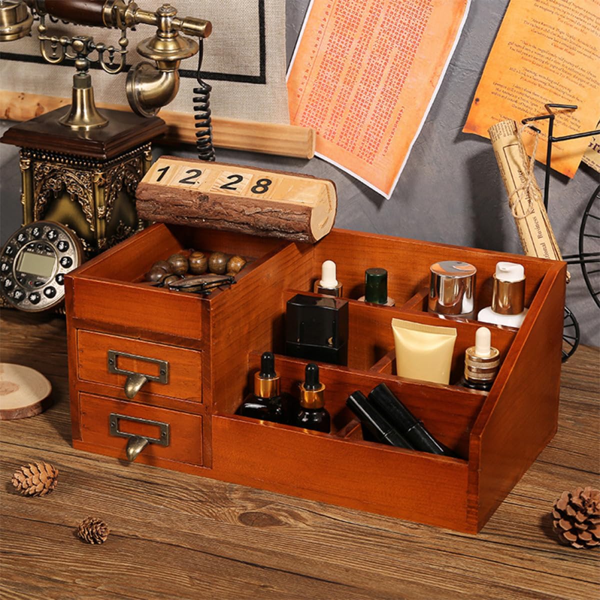 Porta Oggetti da Scrivania in Legno 6 Scomparti e 2 Cassetti, Organizer Multifunzionale per Piccoli Oggetti, Elegante e Decorativo per Casa e