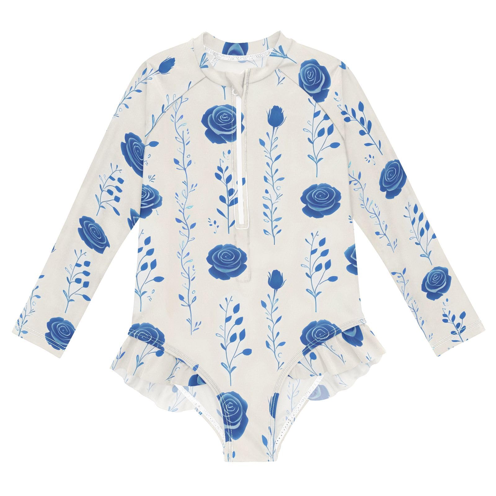 ALAZA Toddler Swimsuit Girl Bathing Suit Swimwear Rash Guard Blue Rose 1 Long Sleeve 3T