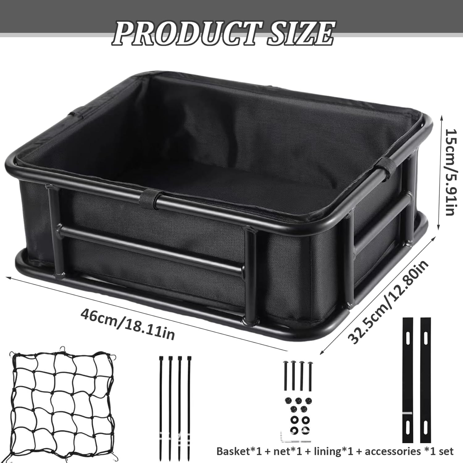 Bike Basket Rear 18x13x6in Ebike Rear Basket with Liner, Cargo Net & Accessories Heavy Duty Replacement Iron Bike for Grocery, Pet, Bag & More, Baskets