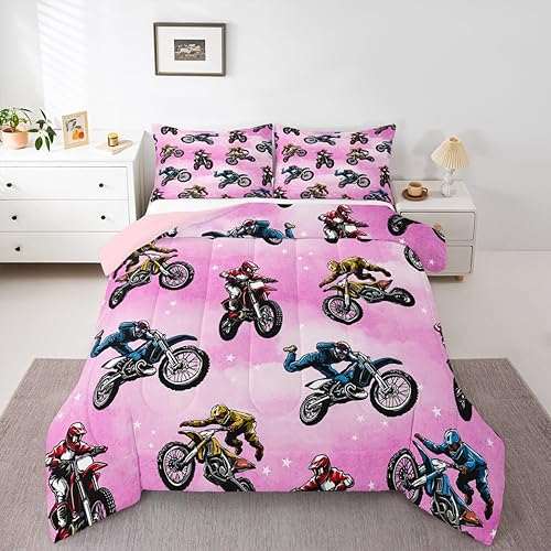 Erosebridal Juego de edredón de motocross para niños, adolescentes, juego de ropa de cama de deportes extremos para niñas, edredón acolchado de