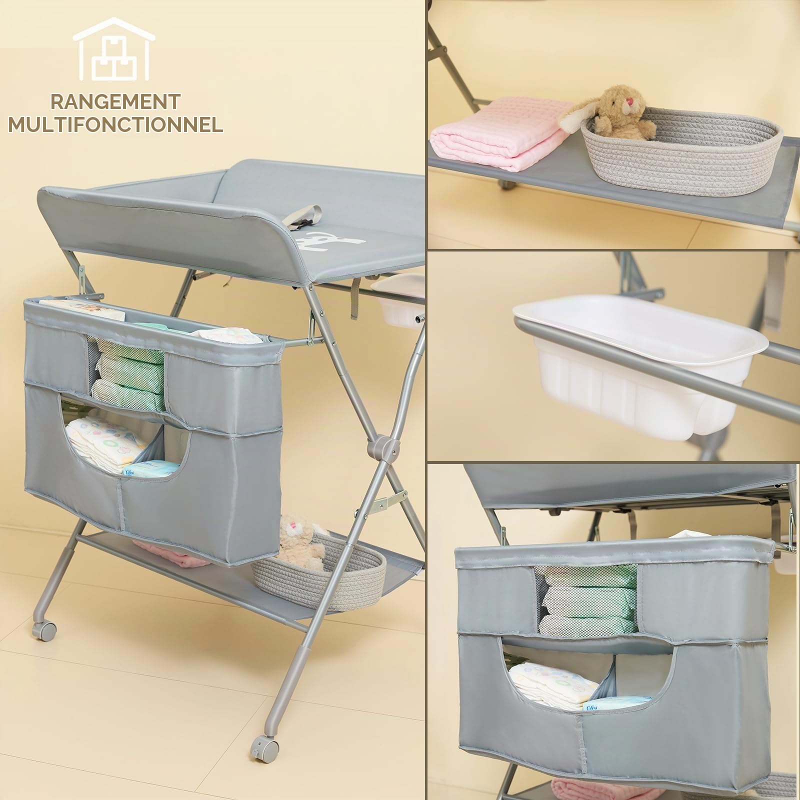 KARAOK Table à langer pliable avec roulettes, station à langer portable avec grand sac de rangement et hauteur réglable à 4 niveaux pour nouveau-né, nourrisson