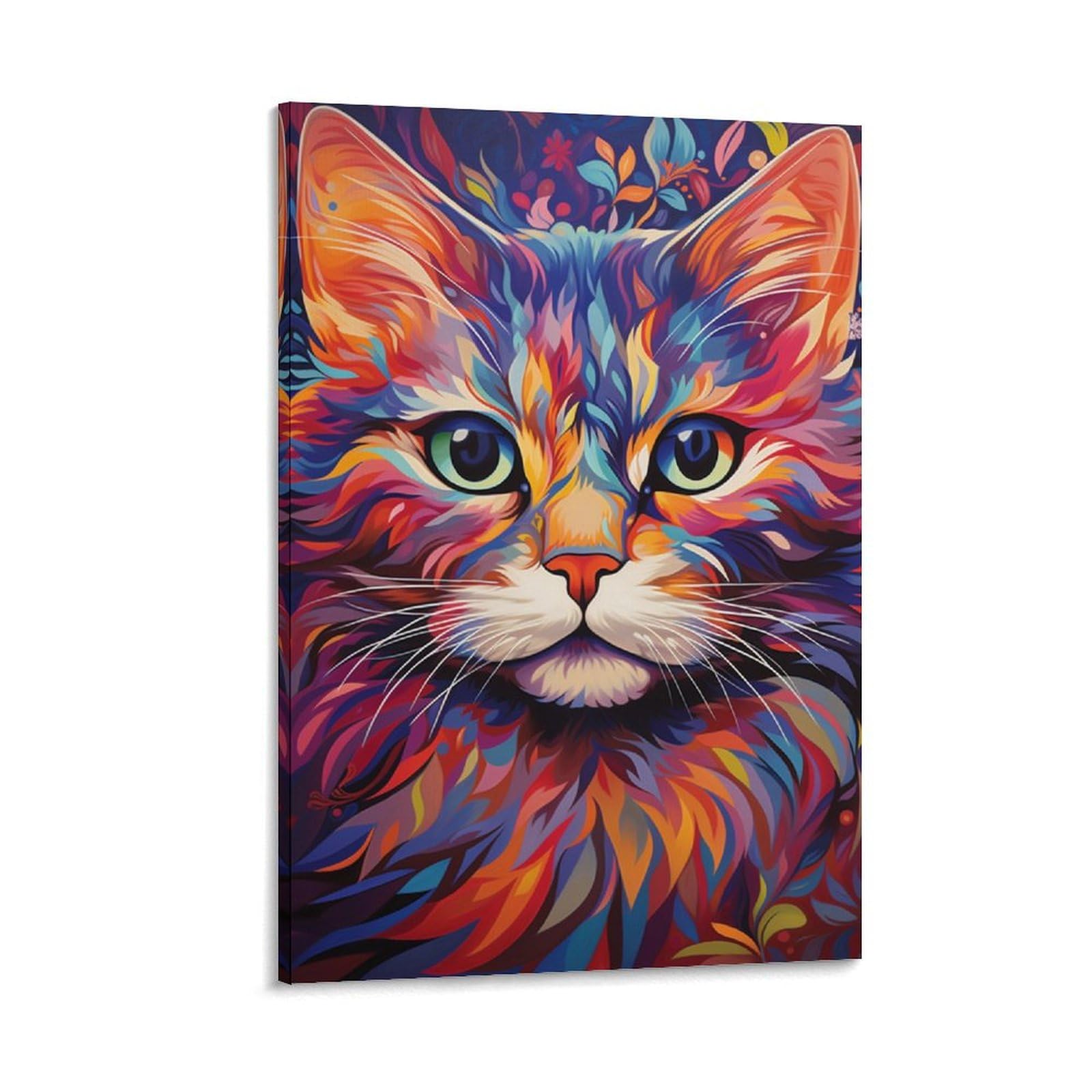 FOCCAR Canvas Wall Art Colorful Cute Cat Wall Decorations For Living Room Abstract Pattern Animal Theme Hang Pictures Wall Artwork