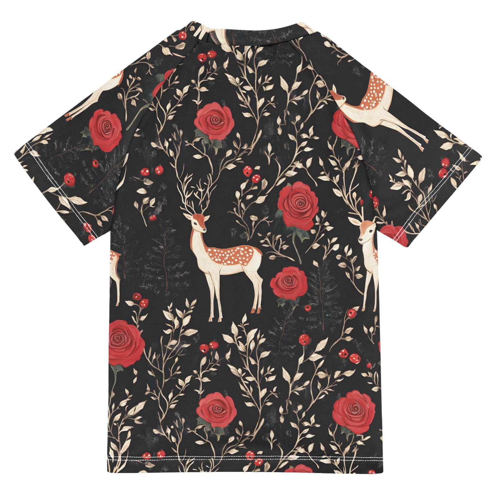 ALAZA Kids Rash Guard Boys Toddler Swim Shirts Short Sleeve Deer Red Rose UPF 50+ 3T