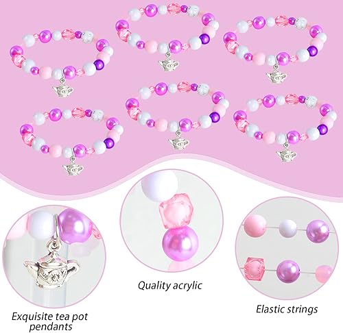 Miniatura 3 de WANGDEFA Juego de 6 pulseras para fiesta de té, suministros de fiesta de té, colgante de tetera, pulsera con cuentas para fiesta de té, fiesta