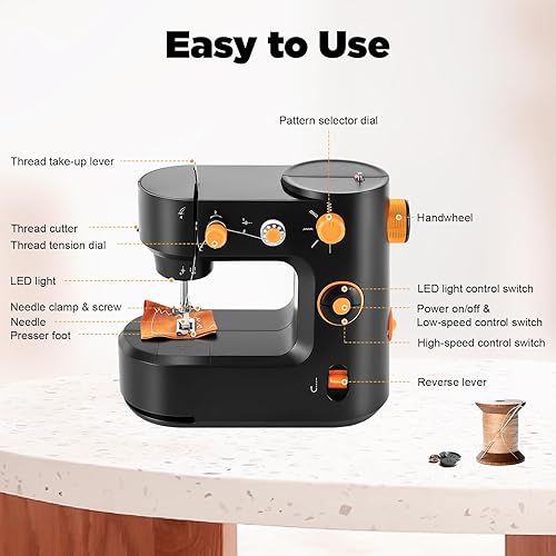 Miniatura 5 de Máquina de coser portátil, mini máquina de coser de 2 velocidades, kit de costura seguro y máquina de coser pequeña fácil de usar con luz LED, pedal