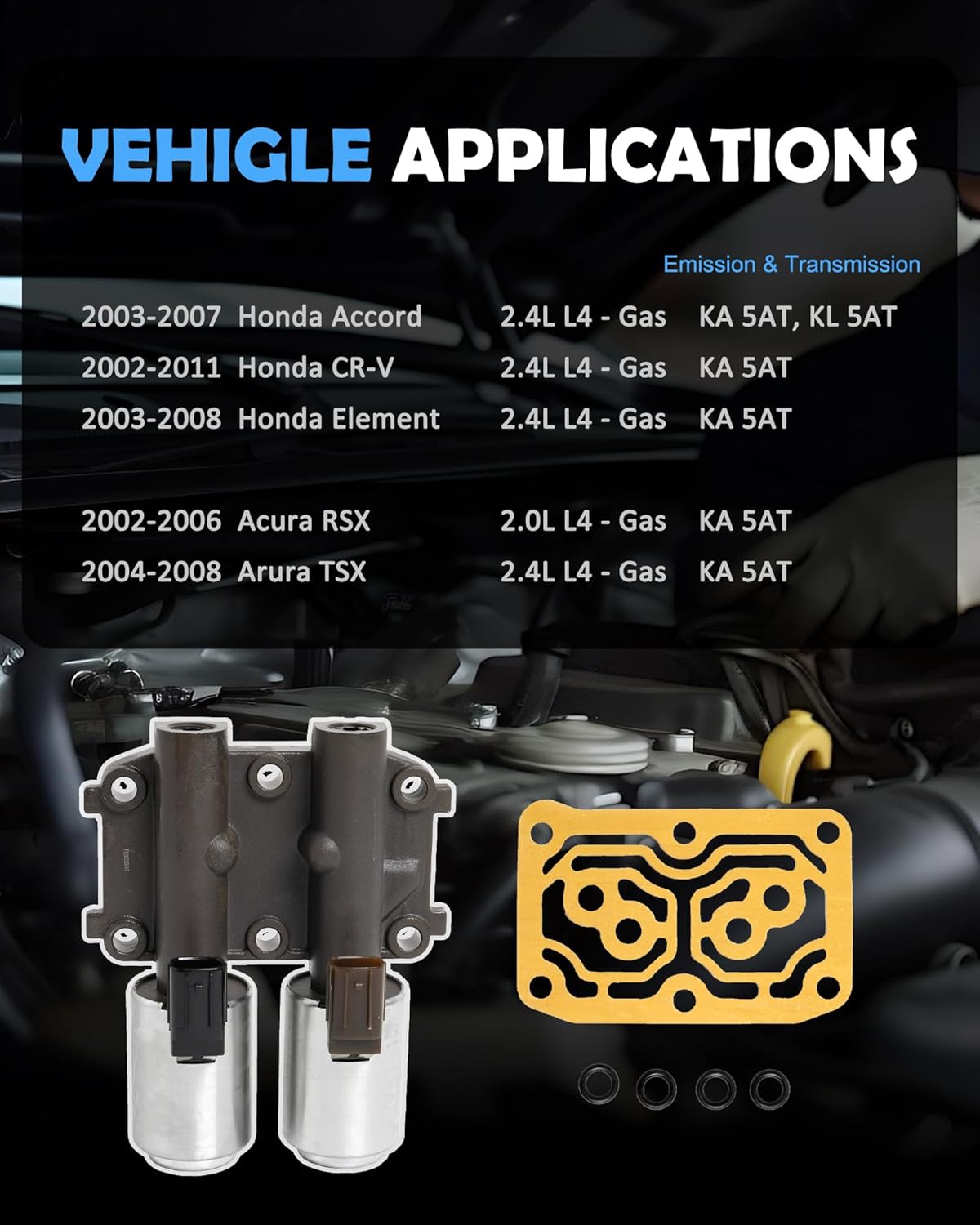 28260-PRP-014 Transmission Dual Linear Solenoid with Gasket Replacement for 2003-2007 Honda Accord 2002-2011 CR-V Element RSX TSX L4 2.4L Replaces# 98990B GEGT7610-262 90428C
