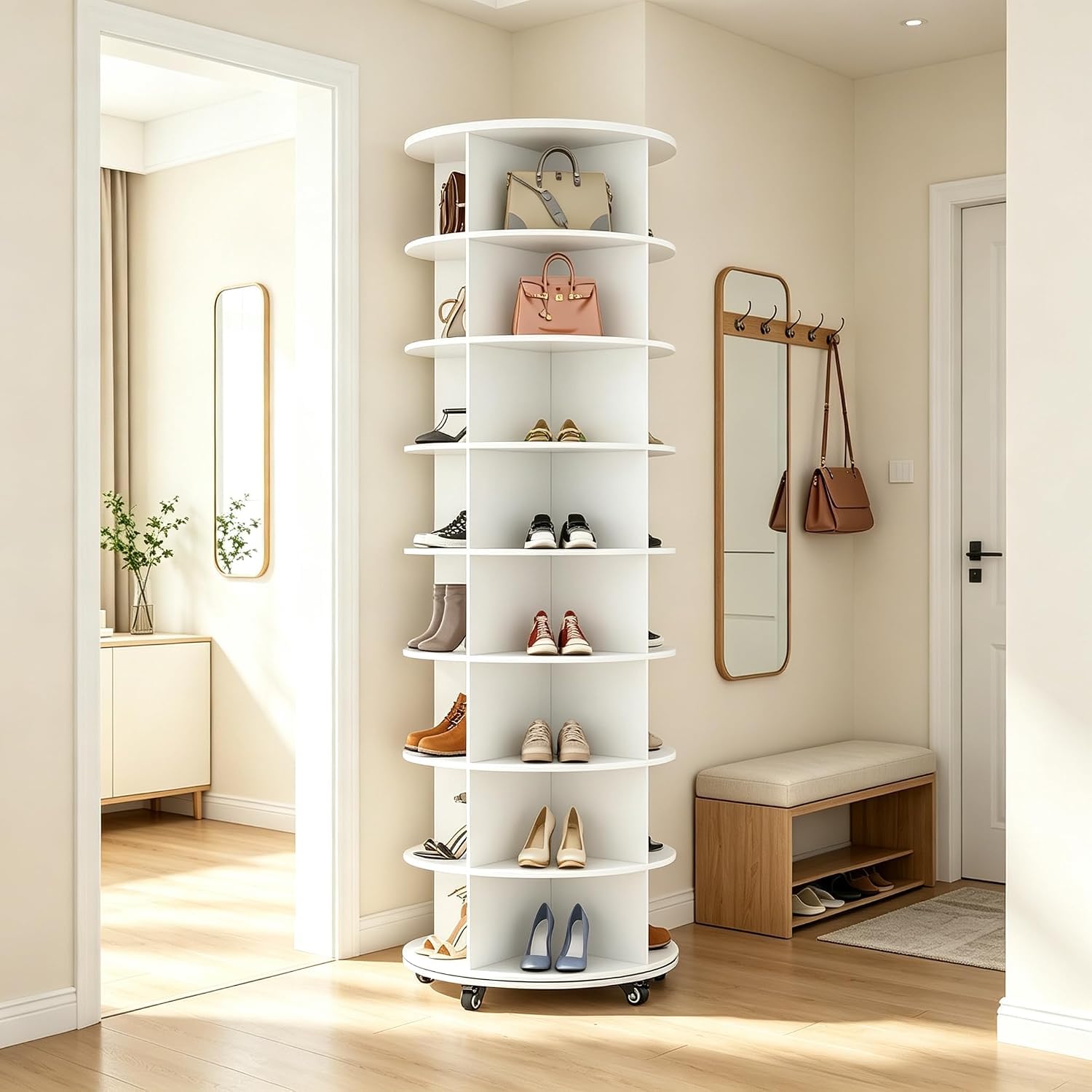 YODOLLA Étagère à Chaussures Rotative 8 Niveaux sur roulettes, Blanc